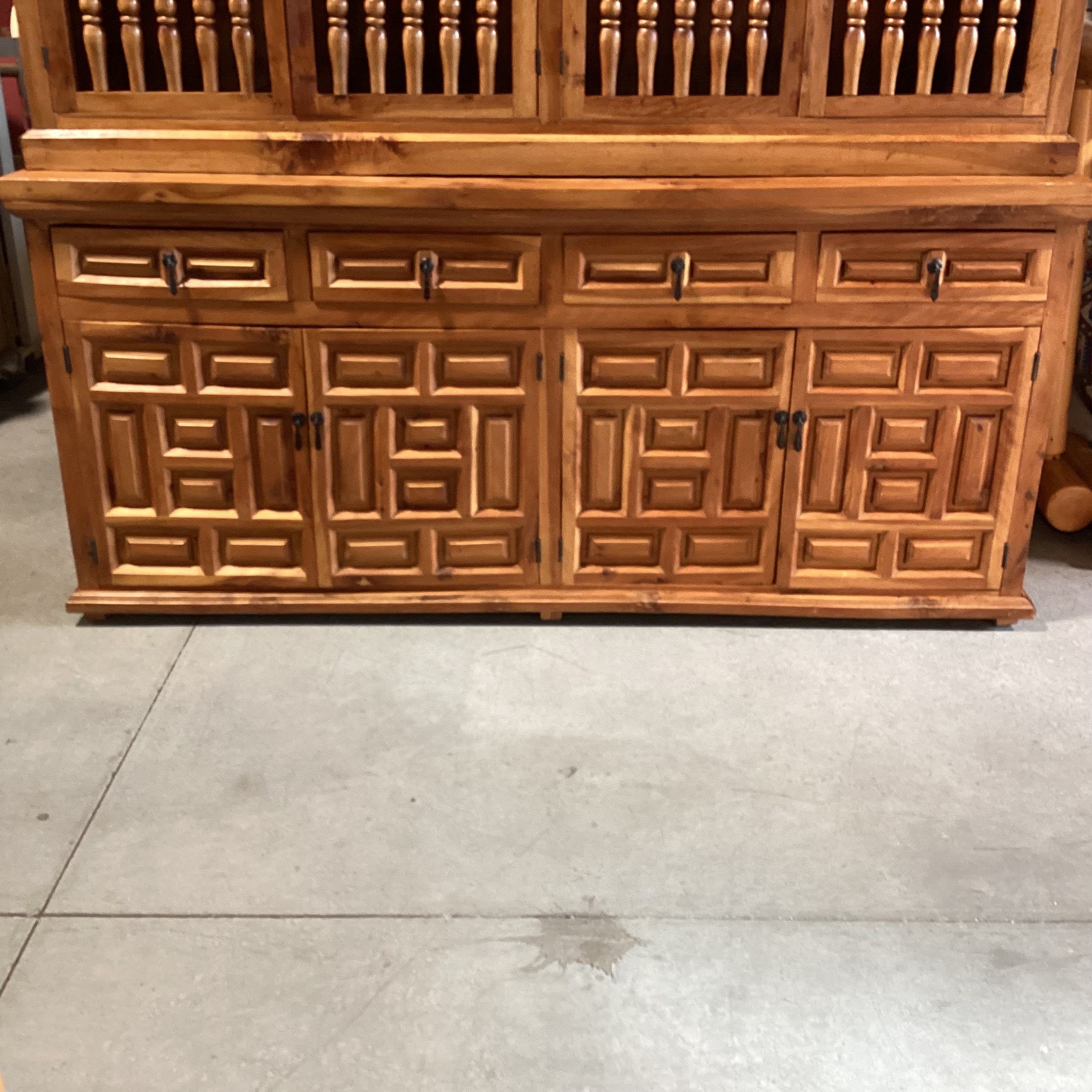 Ornate Carved Cutout 8 Doors 4 Drawers 2 Piece China Hutch