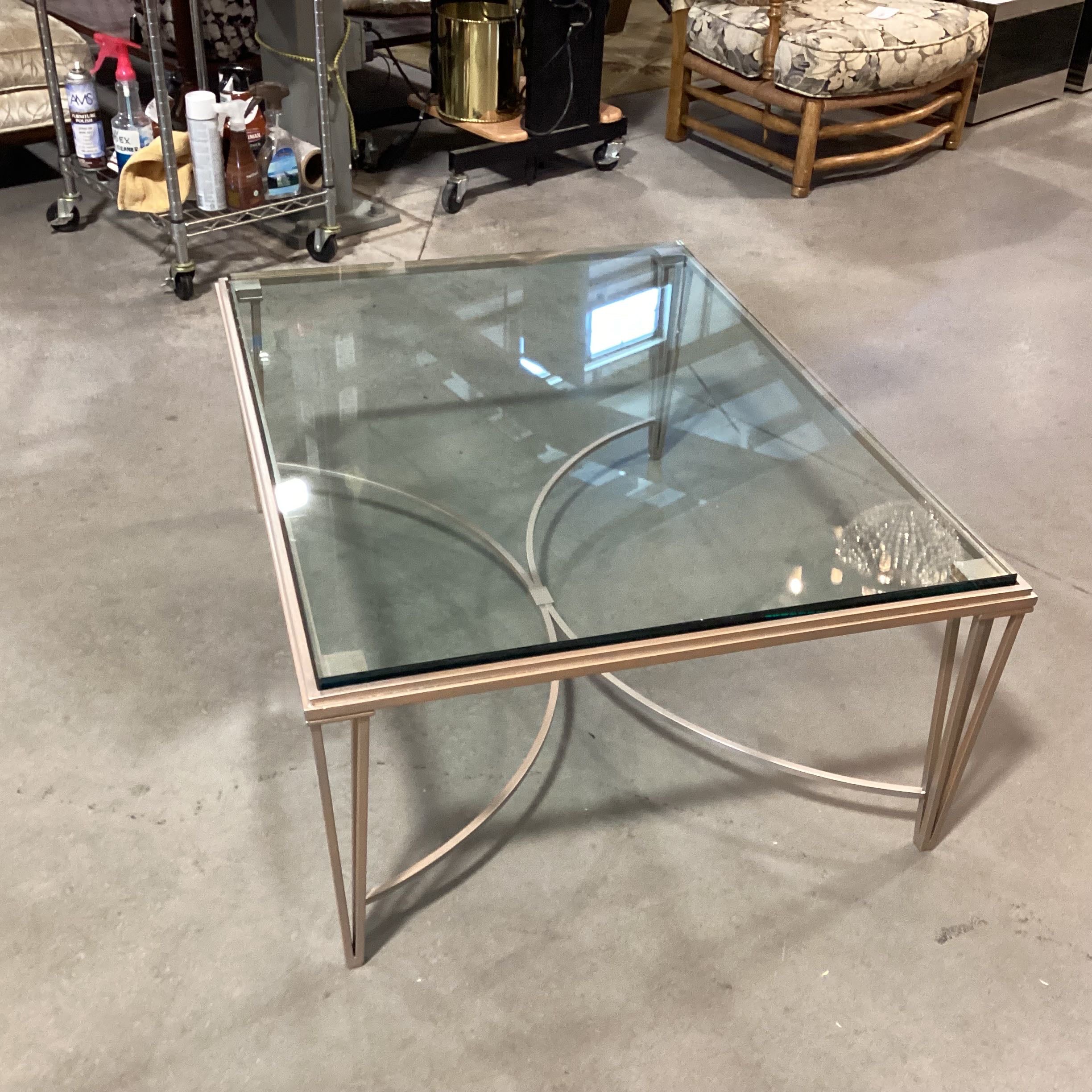 Modern Silver Painted Metal with Thick Glass Top Coffee Table