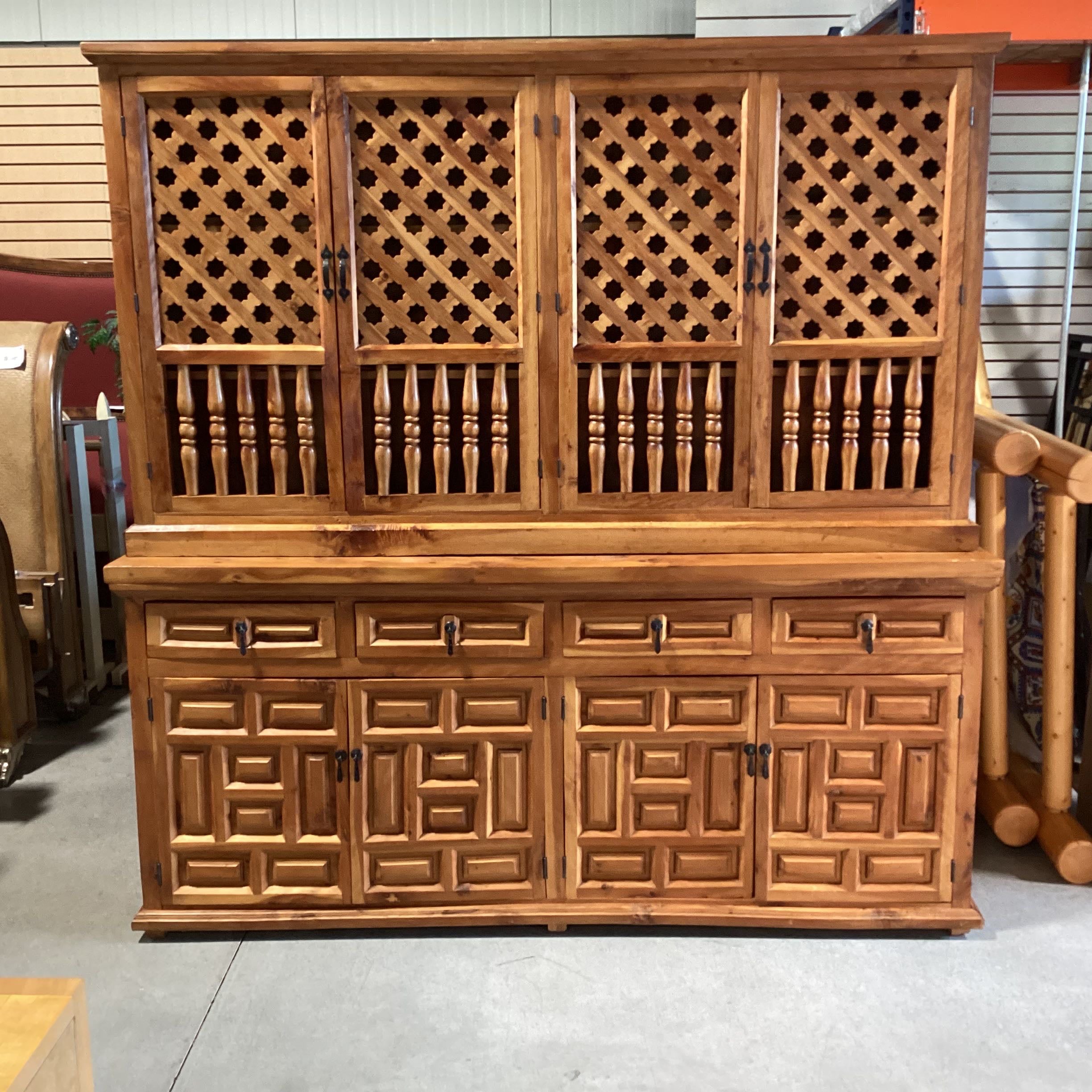 Ornate Carved Cutout 8 Doors 4 Drawers 2 Piece China Hutch