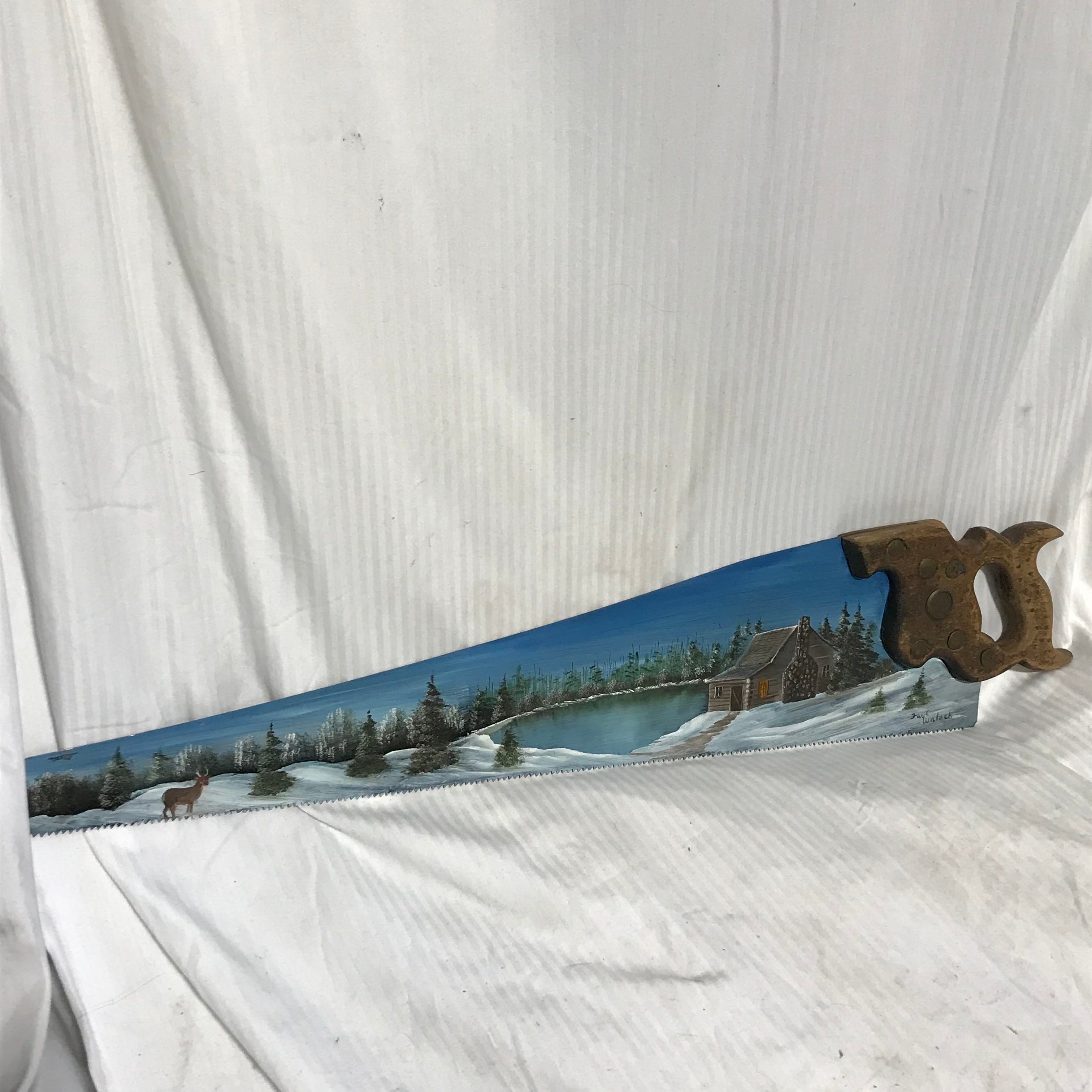 Vintage Scene Painted Hand Saw Signed by Faye Waloch Home Decor