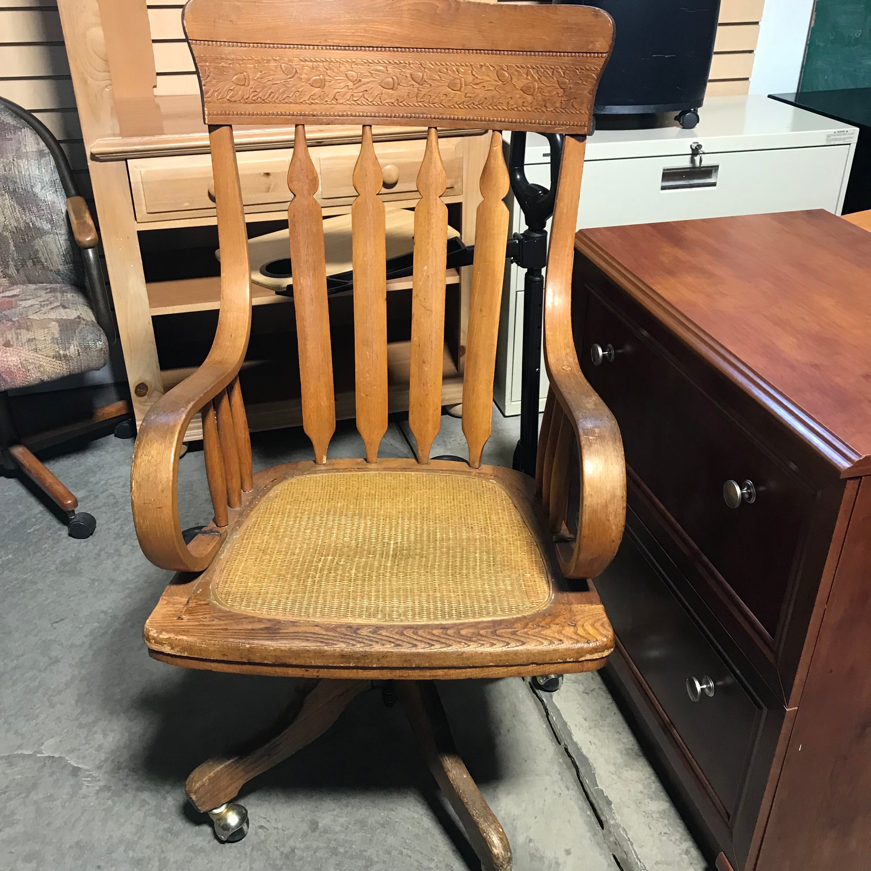 Golden Oak Rocker Carved Back Scrolled Arm Cane Seat Swivel Base Office Chair