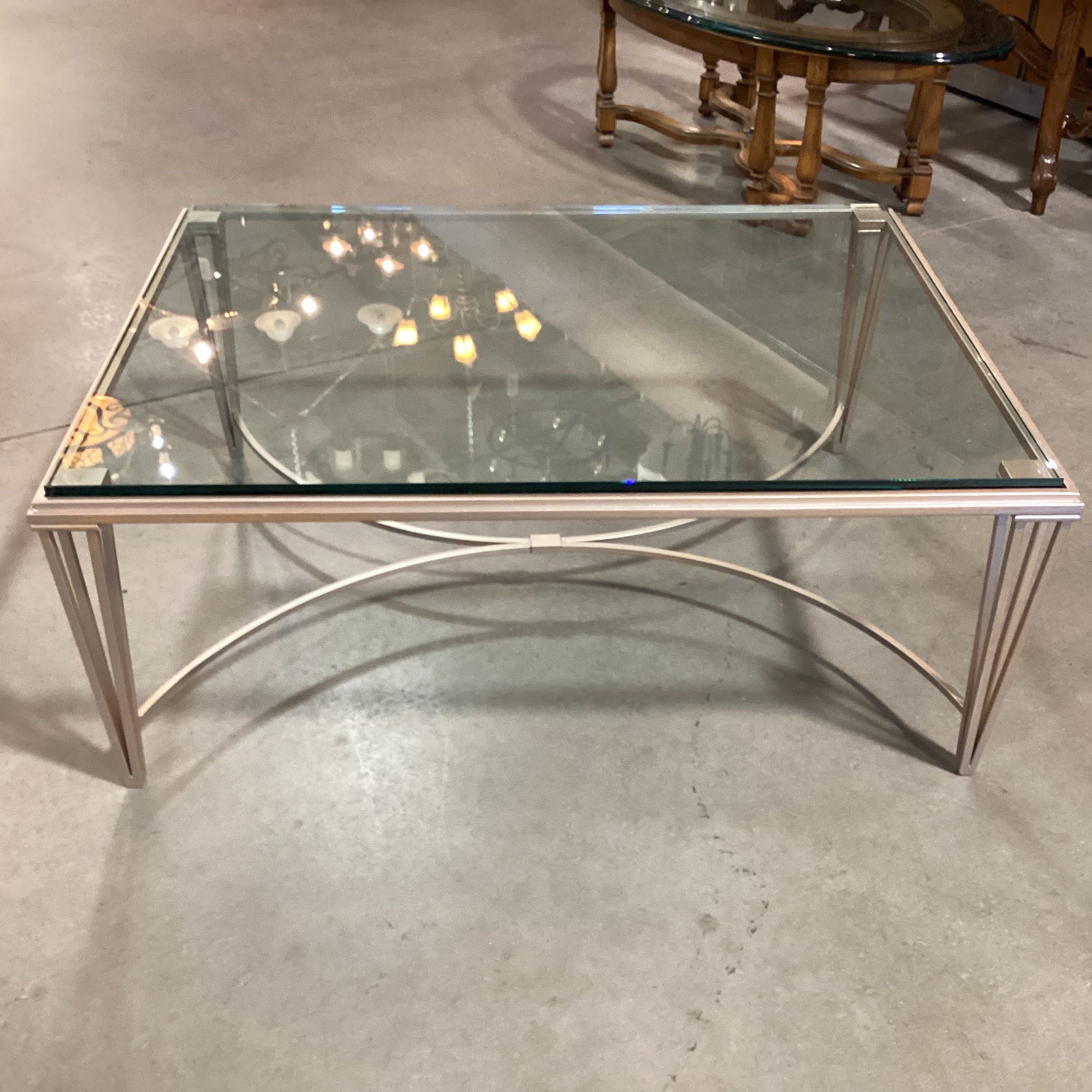 Modern Silver Painted Metal with Thick Glass Top Coffee Table