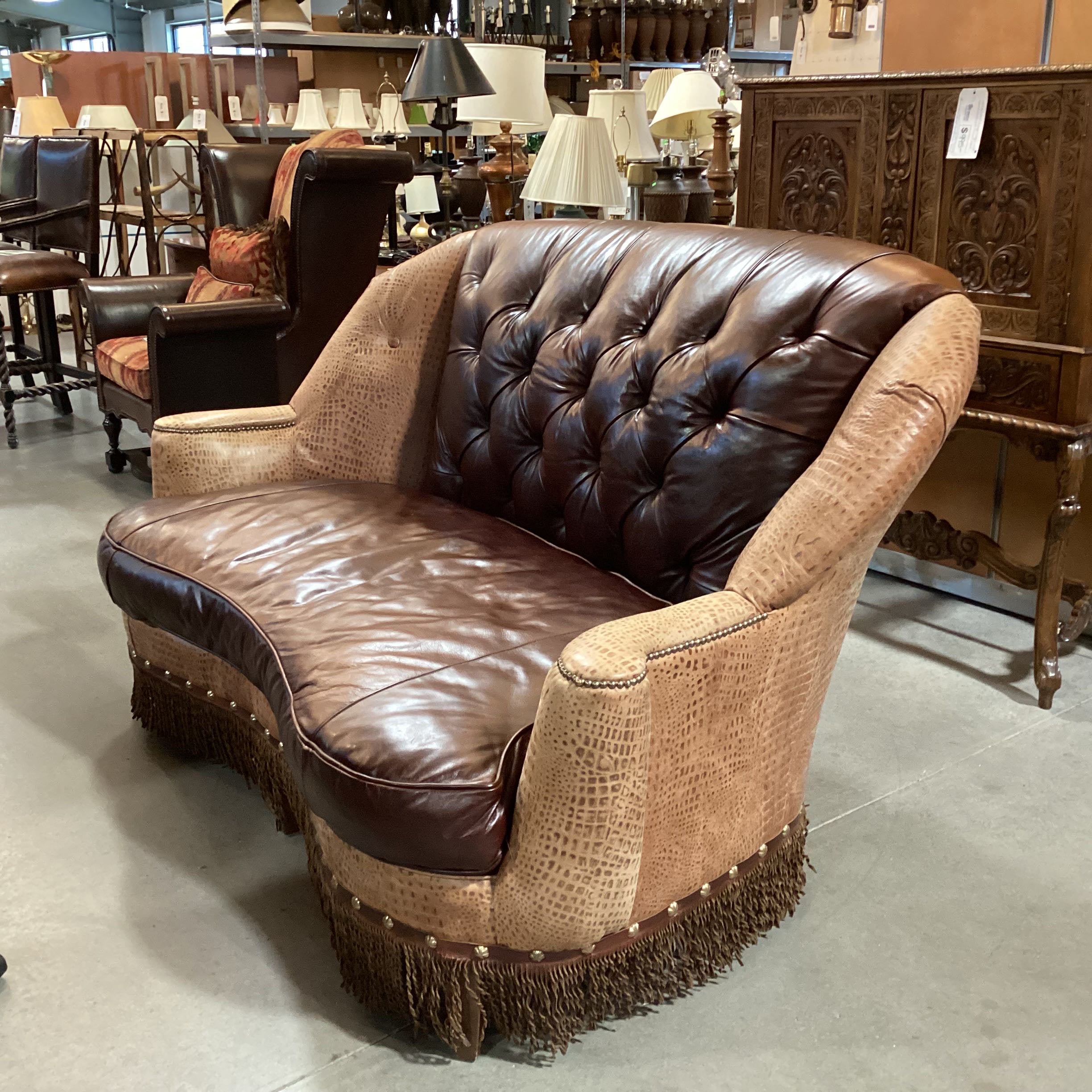 Old Hickory Tannery Croc Style & Brown Tufted Leather with Fringe Sofa