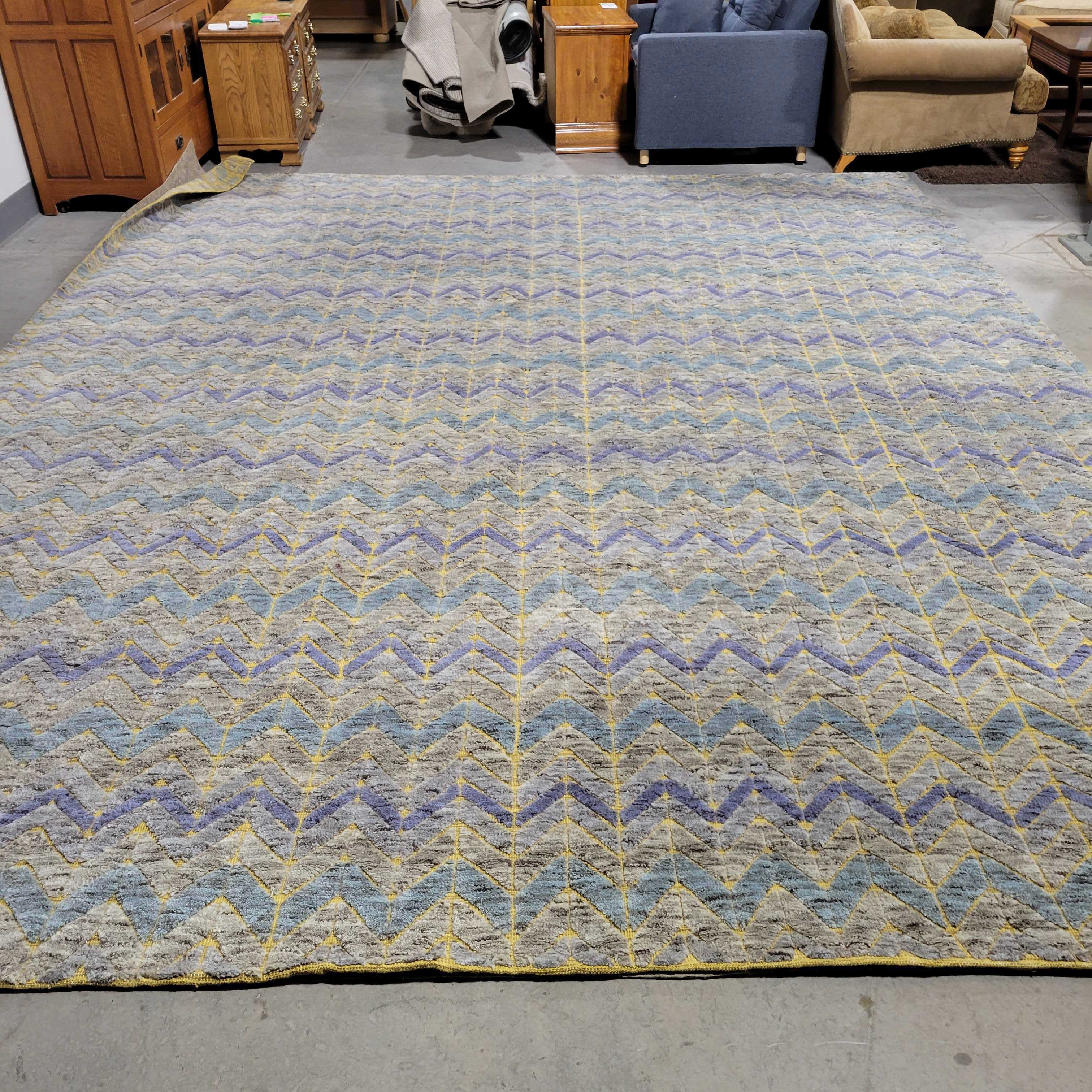 Blue Grey Violet Gold Raised Chevron Handwoven with Pad Wool Rug