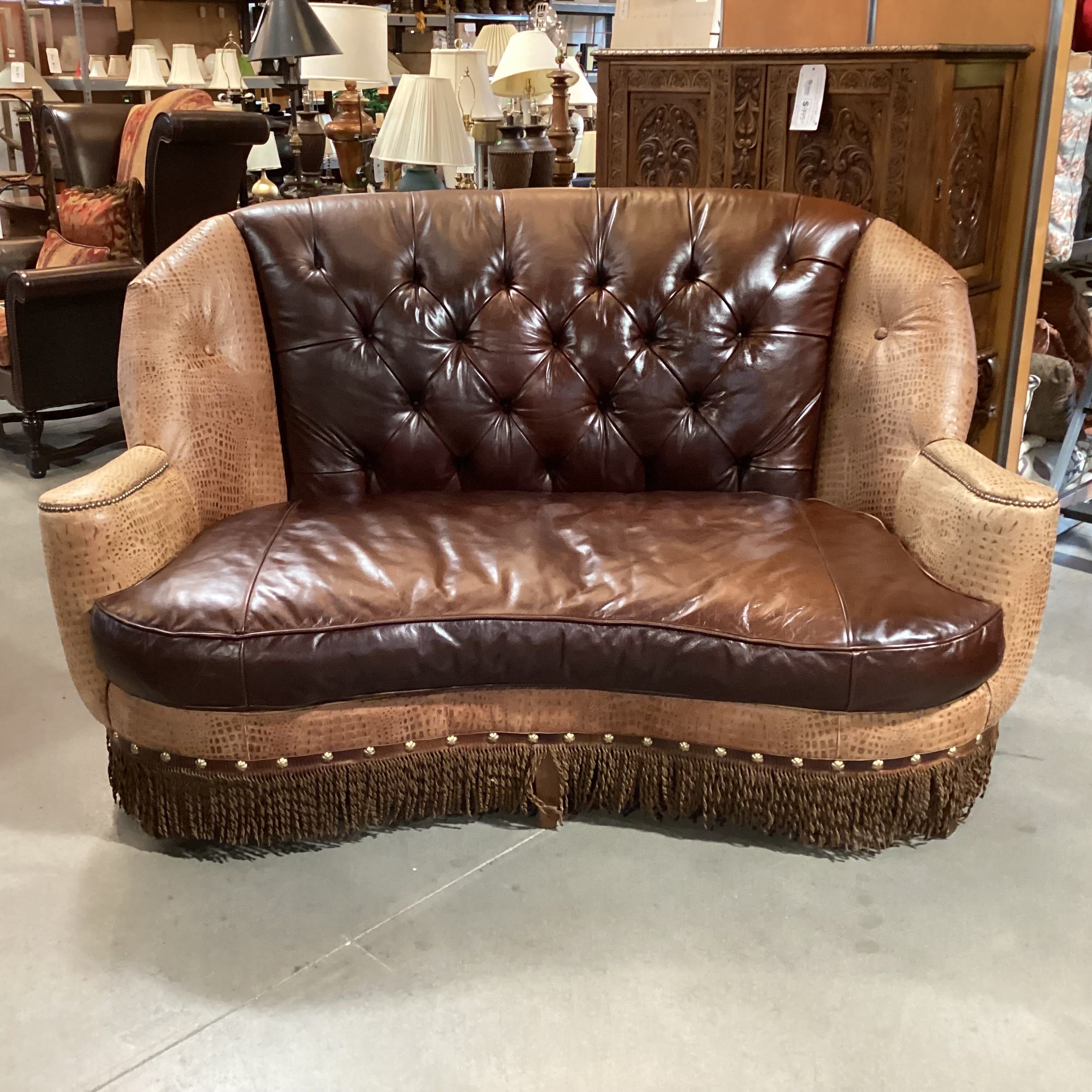 Old Hickory Tannery Croc Style & Brown Tufted Leather with Fringe Sofa