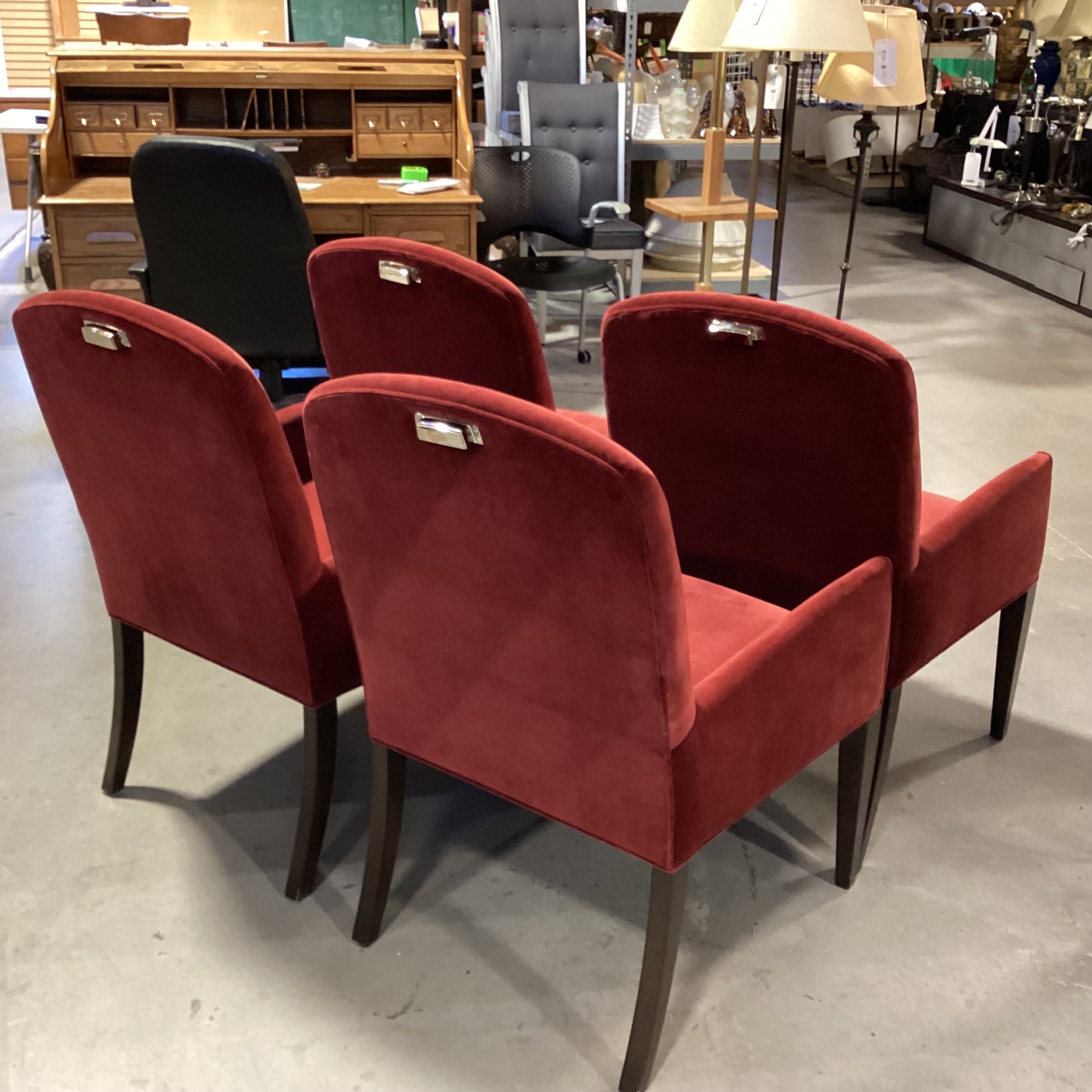 Set of 4 Claret Velvet Nickle Handle Back Accent and Lacquered Wood Dining Chairs