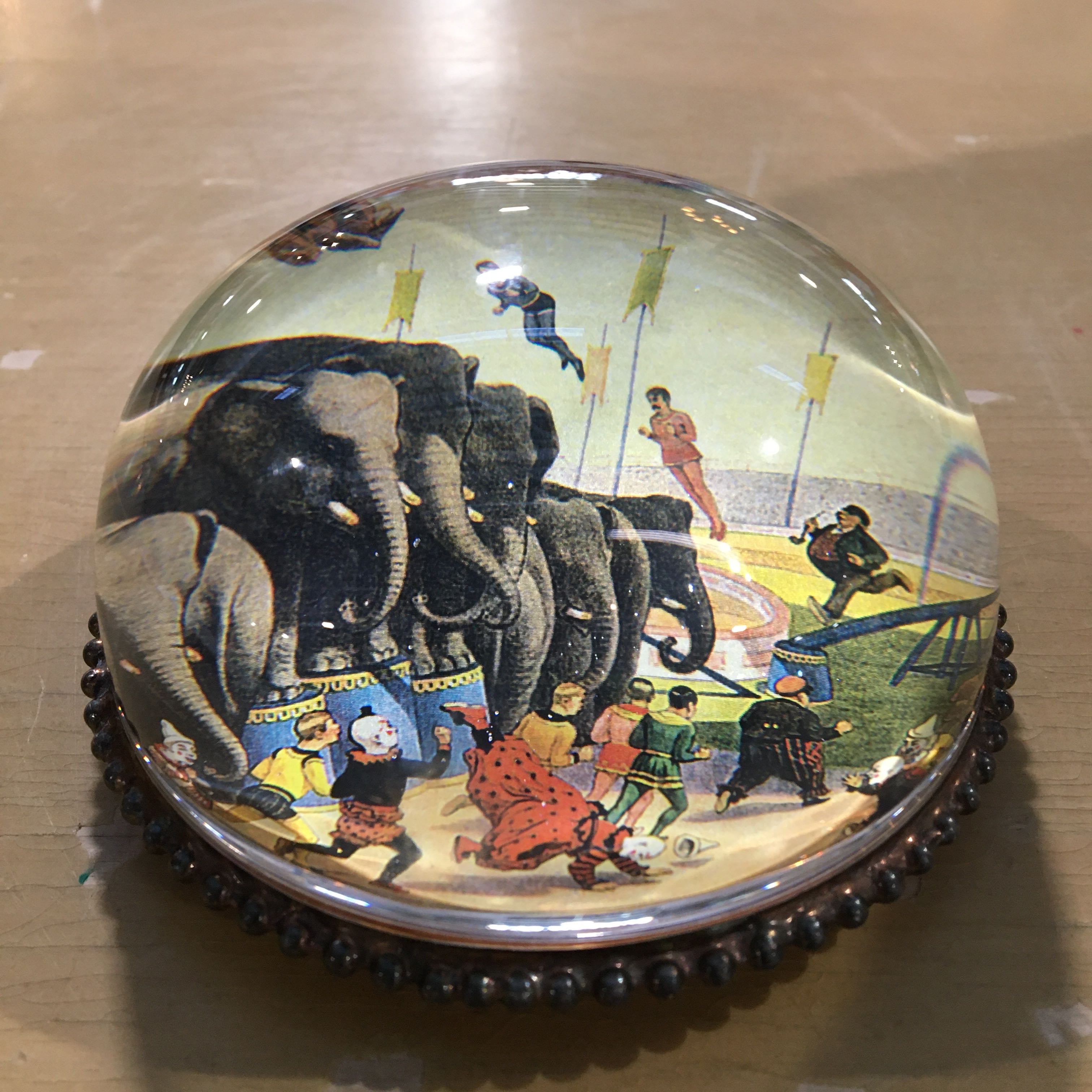 Signed Willant Paperweight Circus Elephant Under Glass with Footed Base Home Decor