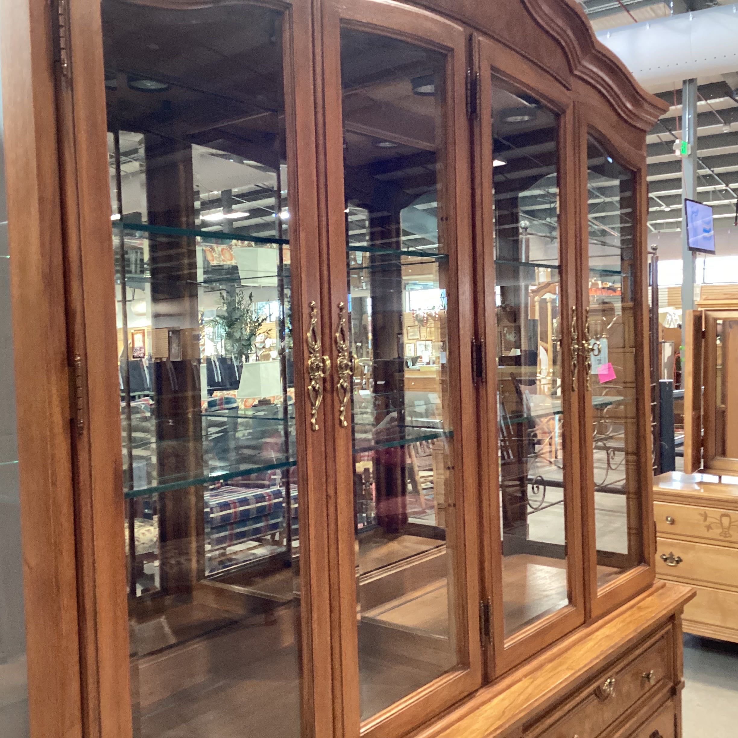 Thomasville Burlwood Veneer and Wood Glass Doors with Shelves 4 Drawer 8 Door 2 Piece China Hutch