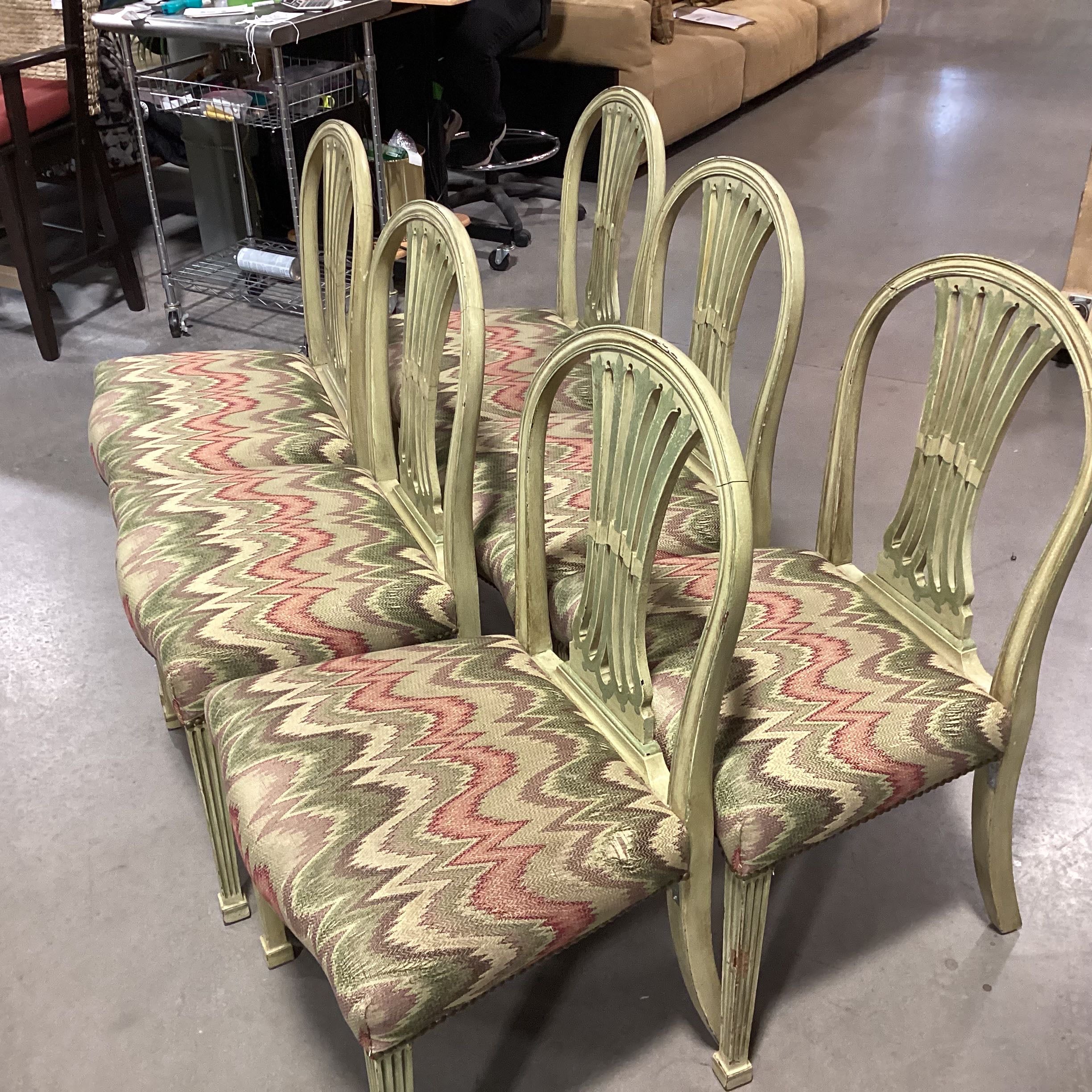 SET of 6 Antique Green Carved Fan Back Wood & Uphlostered Dining Chairs