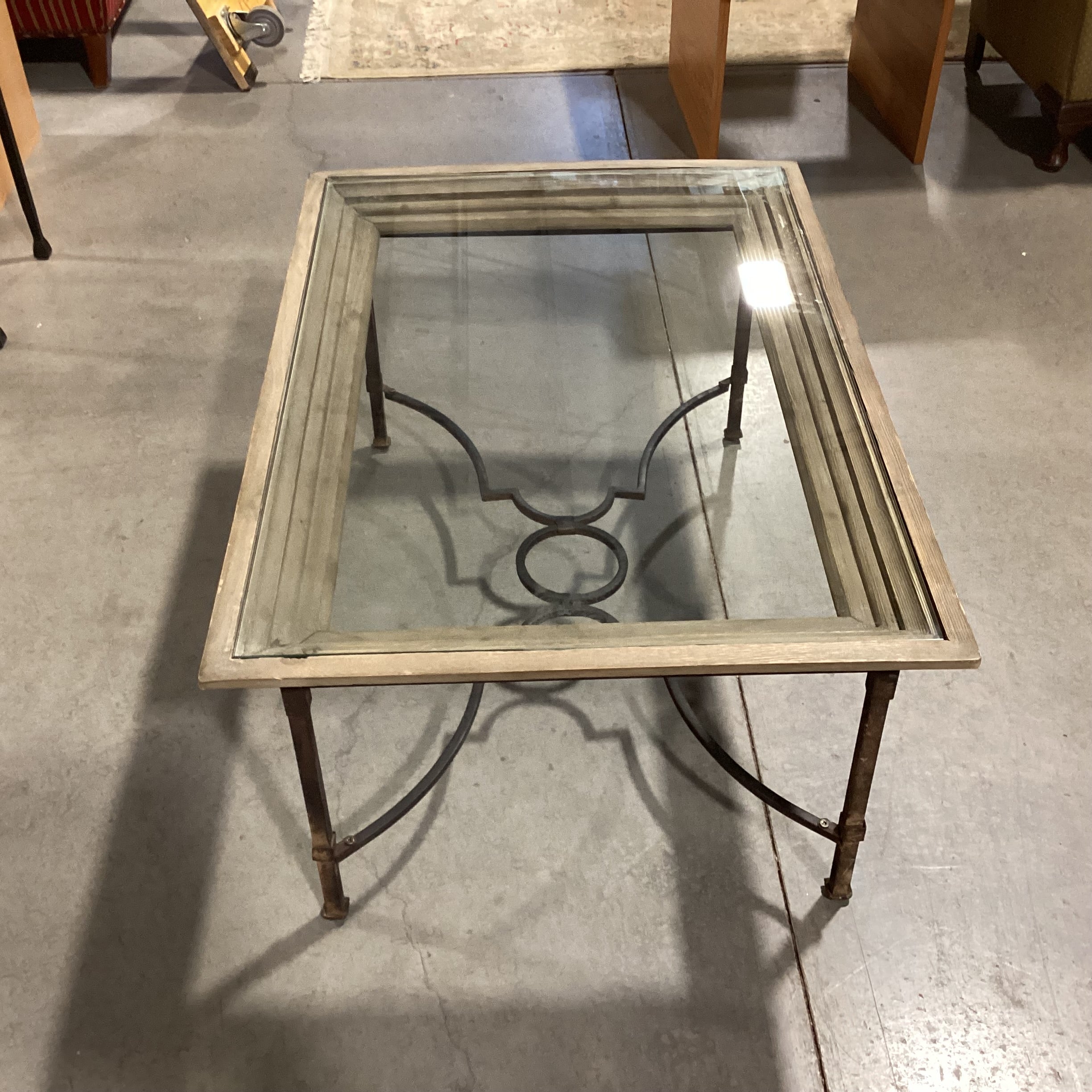 Rustic Wood Iron & Glass Coffee Table 42"x 30"x 19"