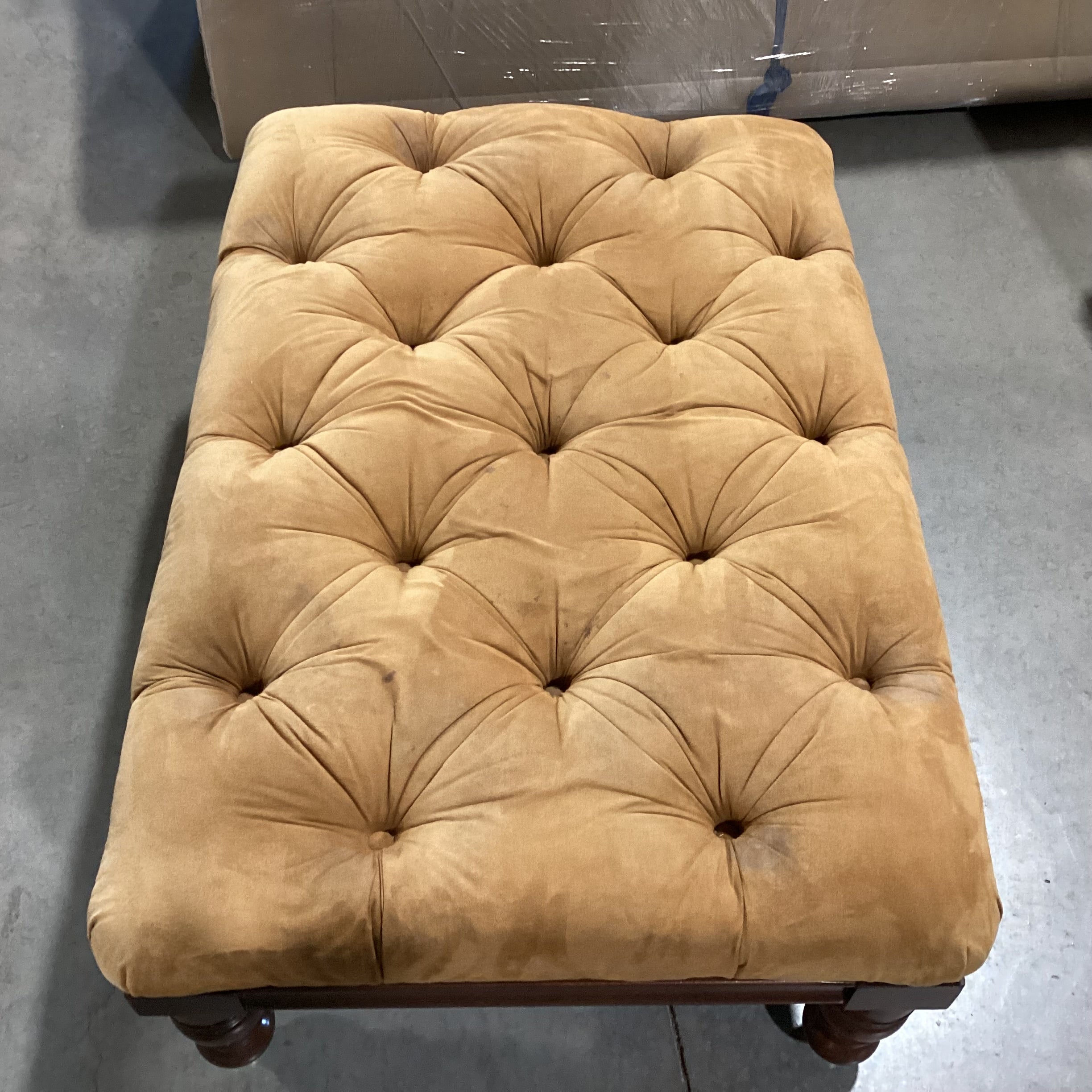Gold Ultra Suede Tufted & Carved Wood Ottoman 40"x 28"x 17"