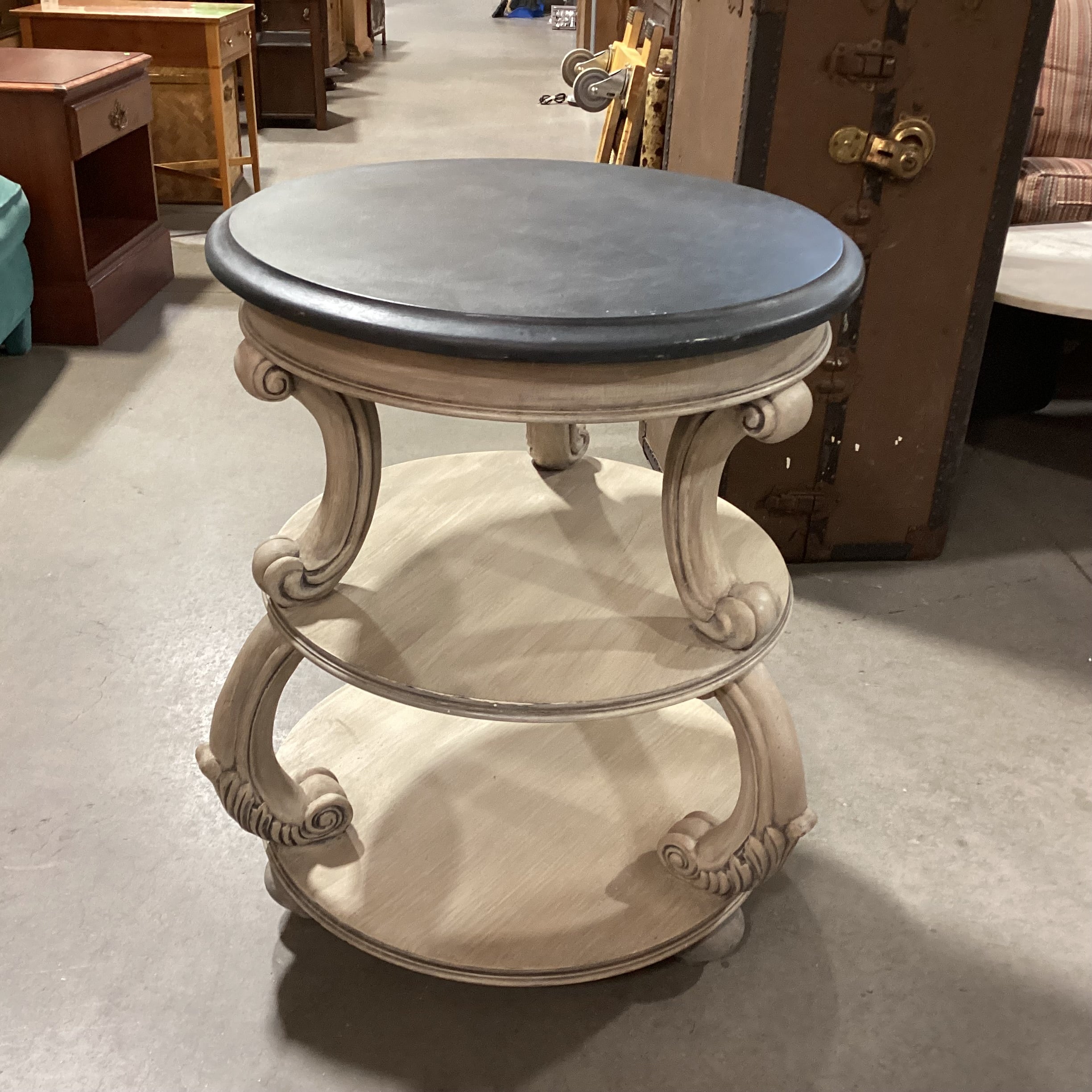 Cream & Charcoal Carved Wood 3 Tiered Accent Table 24" Diameter x 30"