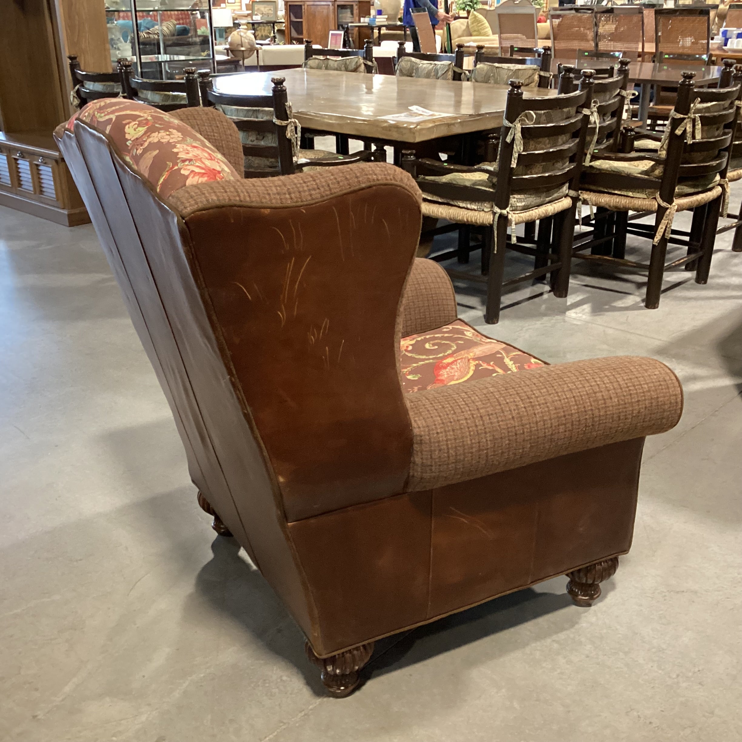 JM Paquet Leather Wool Plaid & Bird Linen Chair 39"x 34"x 44"