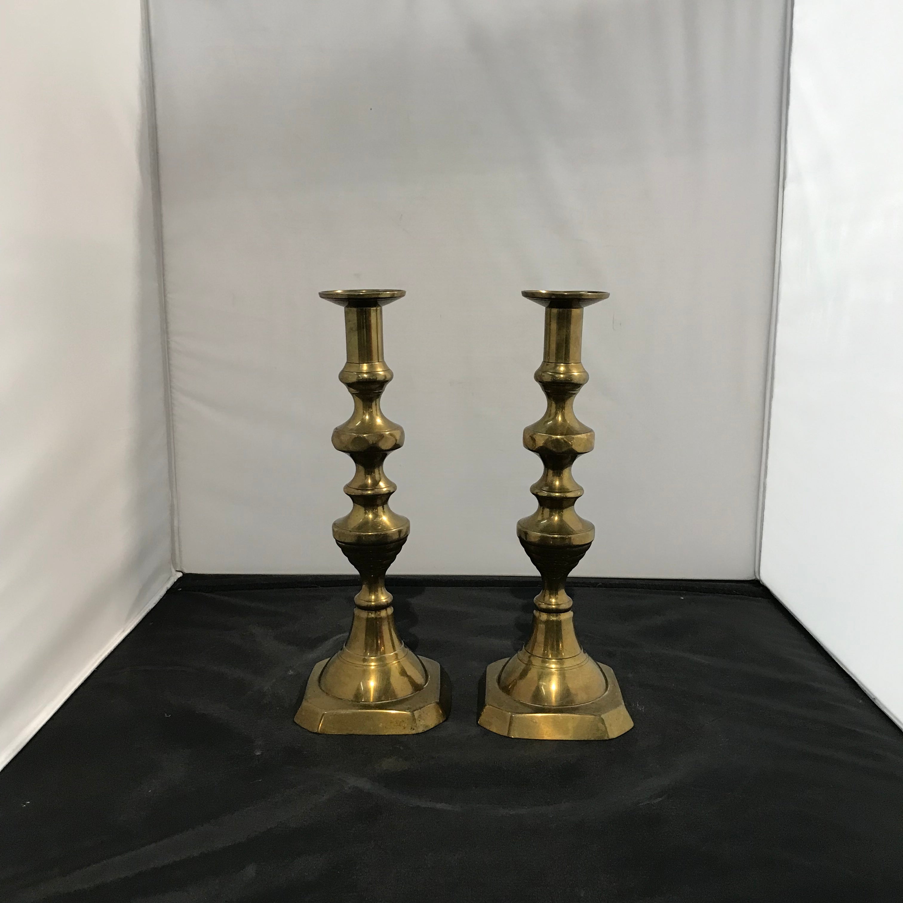 Set of 2 Brass English Beehive Vintage Candlesticks 12"