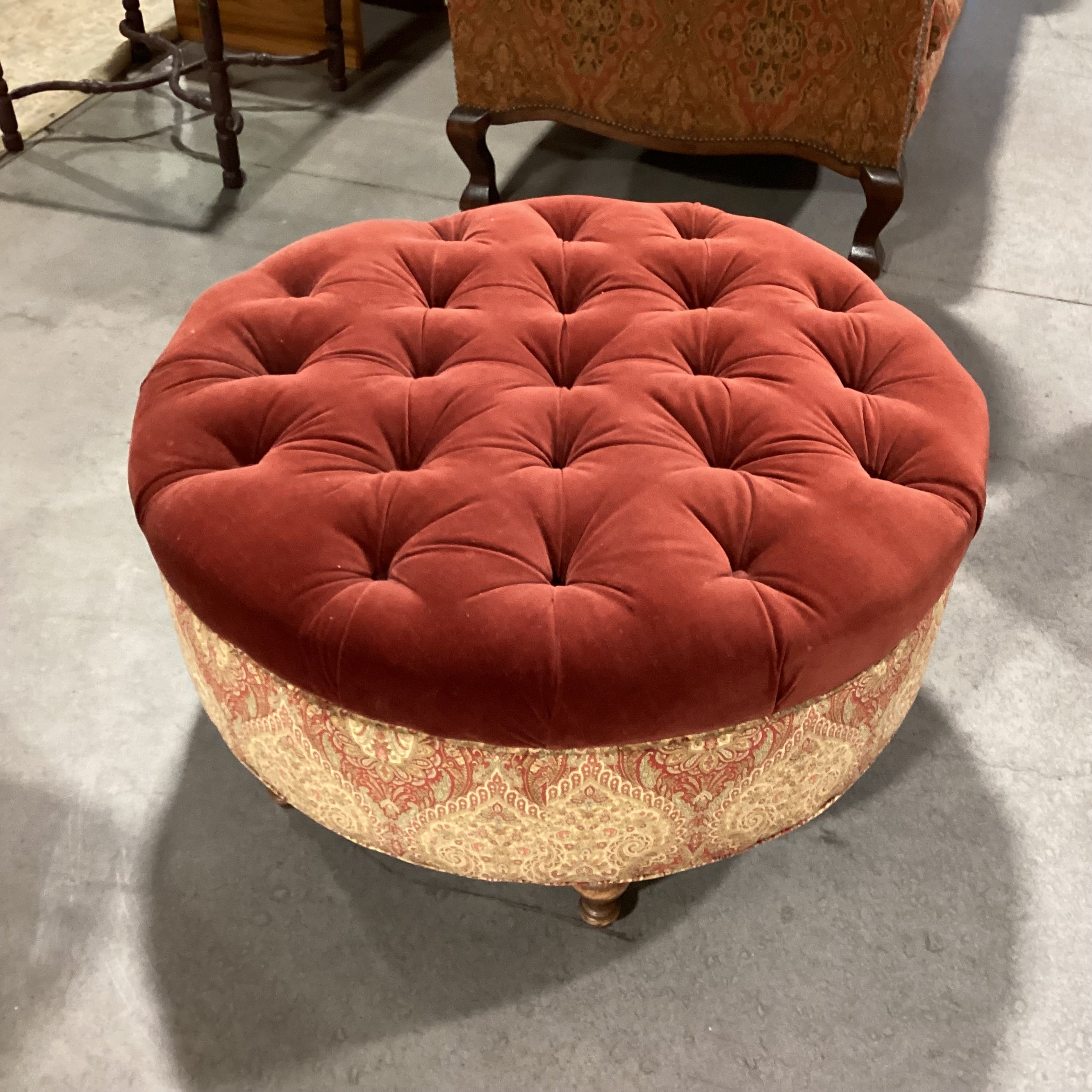 Custom Red Velvet Tufted & Upholstered Round Ottoman 38" Diameter x 19"