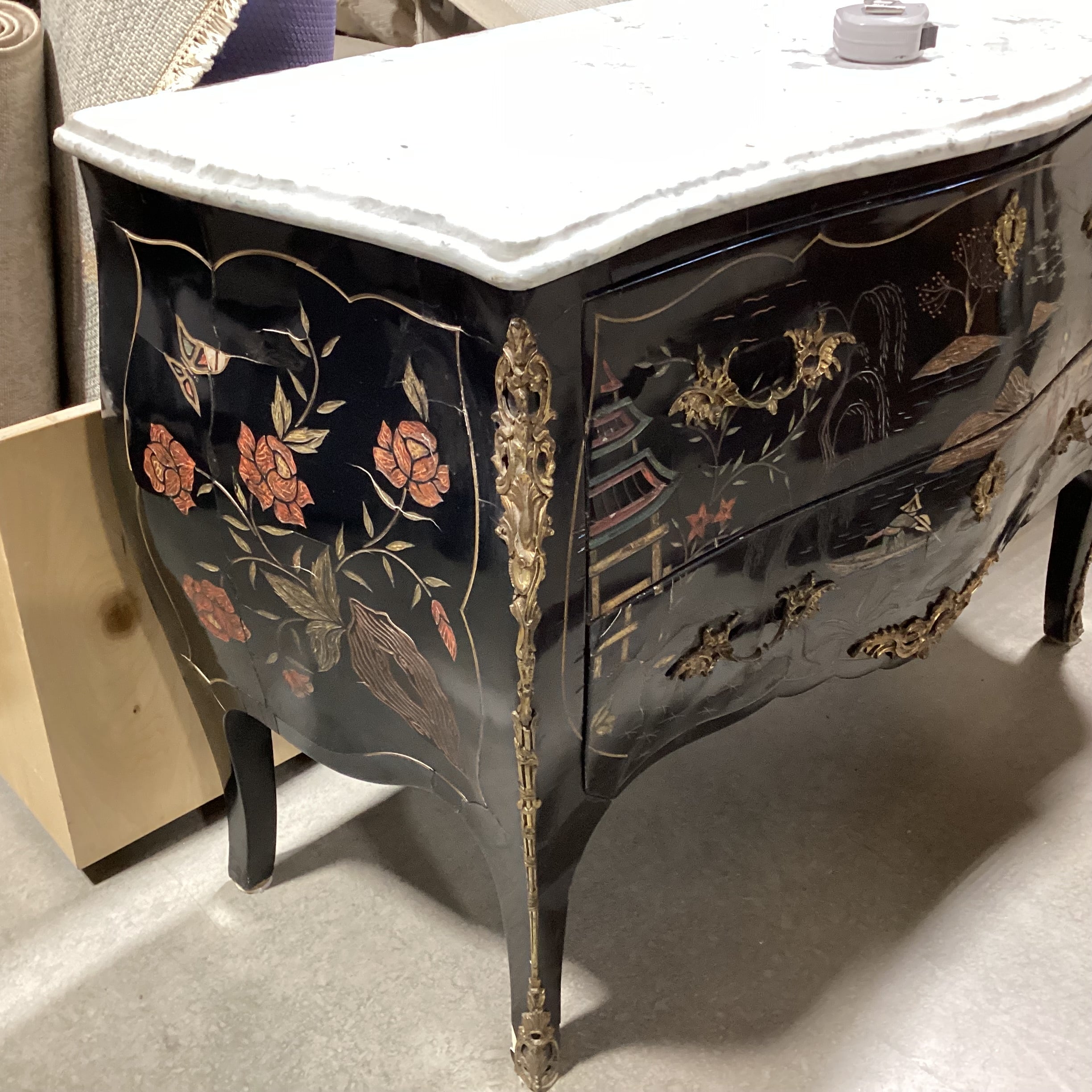 Chinoiserie & Marble Top 2 Drawer Chest 47"x 19.5"x 32"