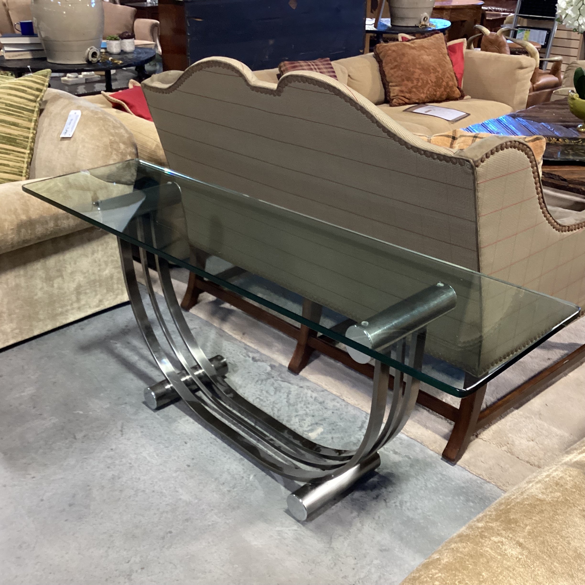 Arched Stainless with Glass Top Sofa Table 68"x 18"x 27.5"