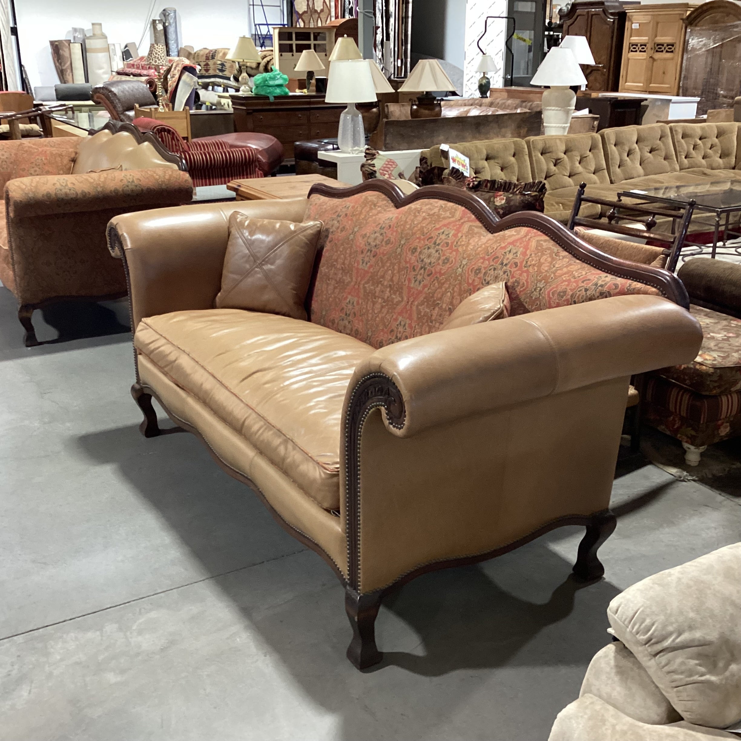 Custom Carved Wood Leather Nailhead & Upholstered Sofa 91"x 37"x 43"