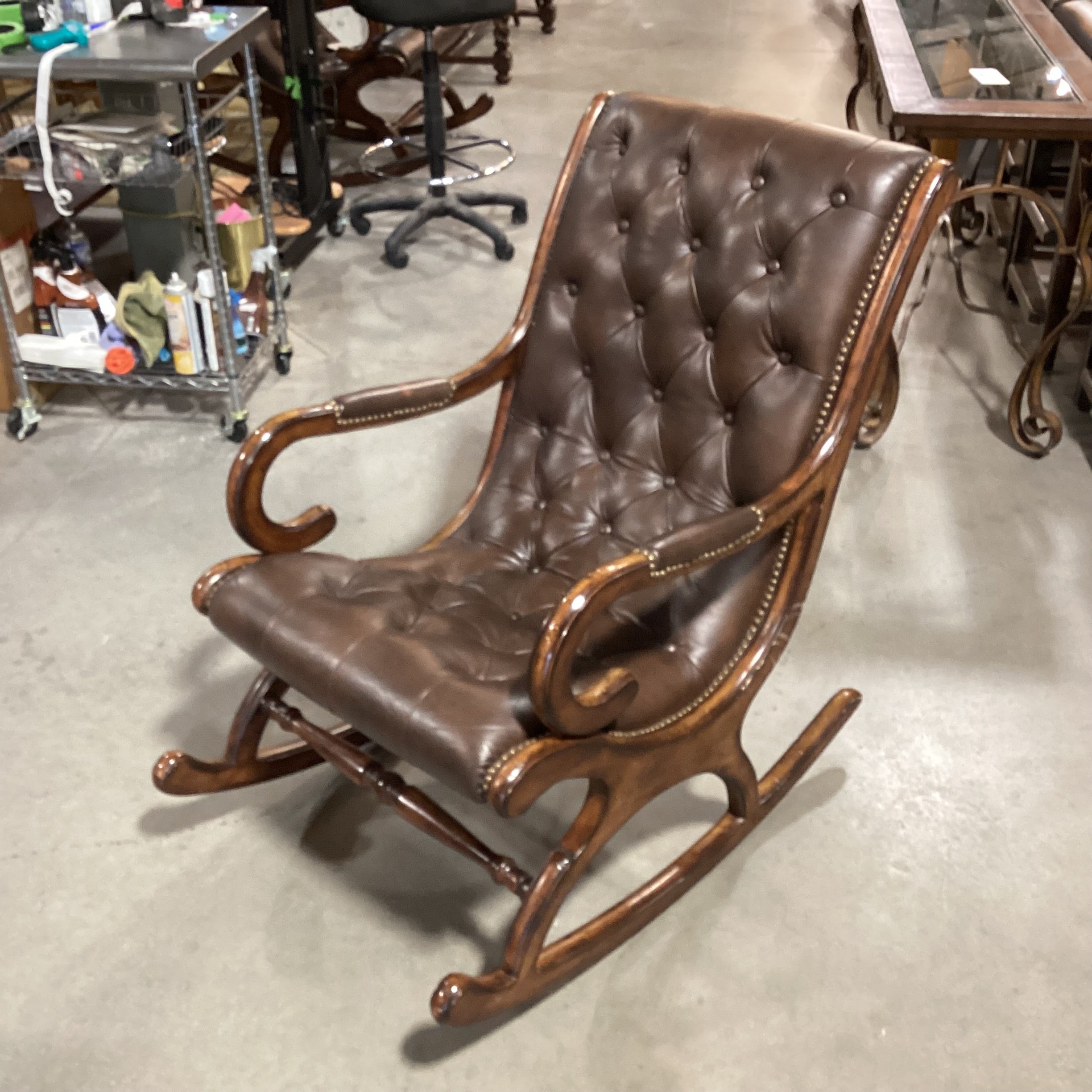 Hammary Hidden Treasures Tufted Leather & Wood Rocking Chair 25"x 38"x 38"