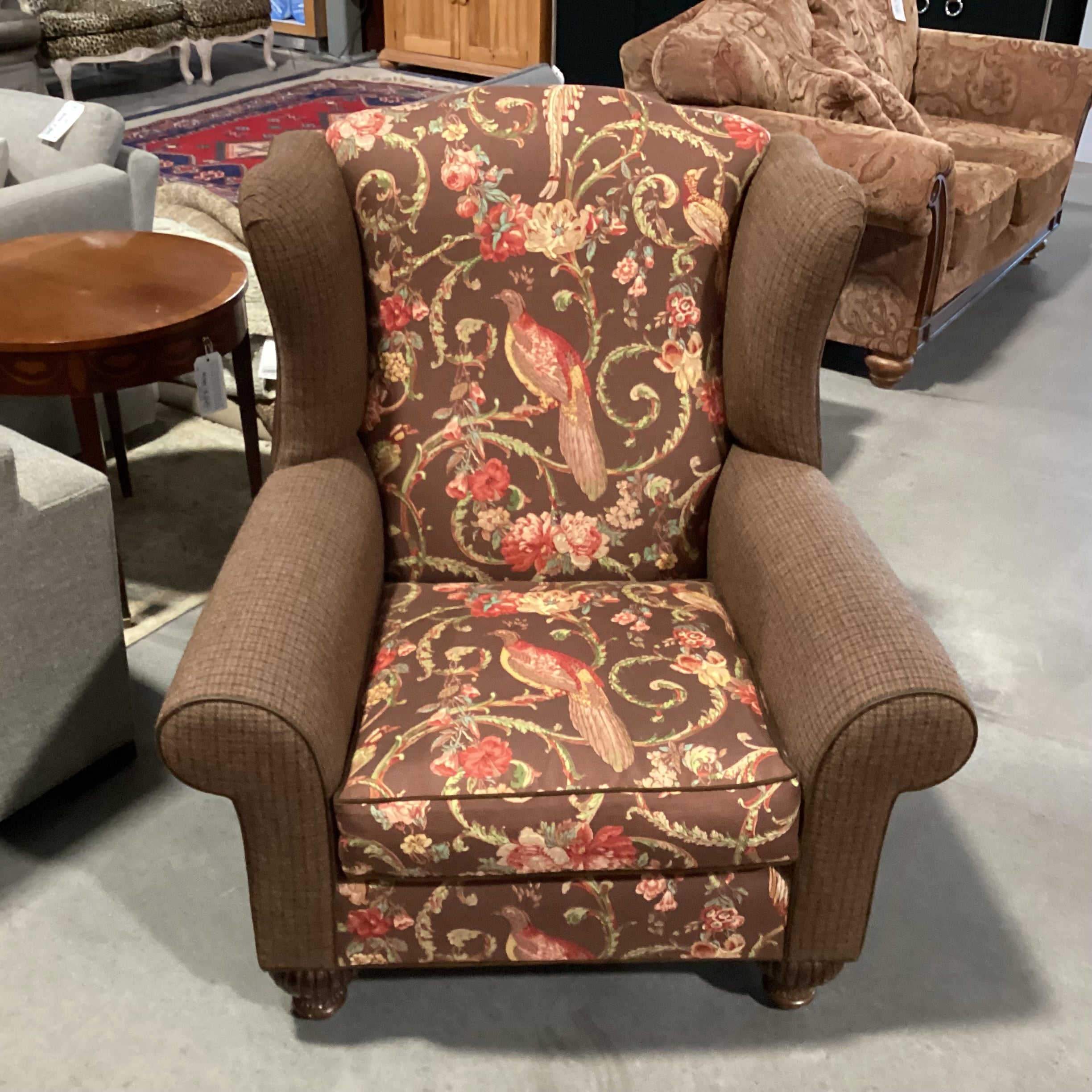 JM Paquet Leather Wool Plaid & Bird Linen Chair 39"x 34"x 44"
