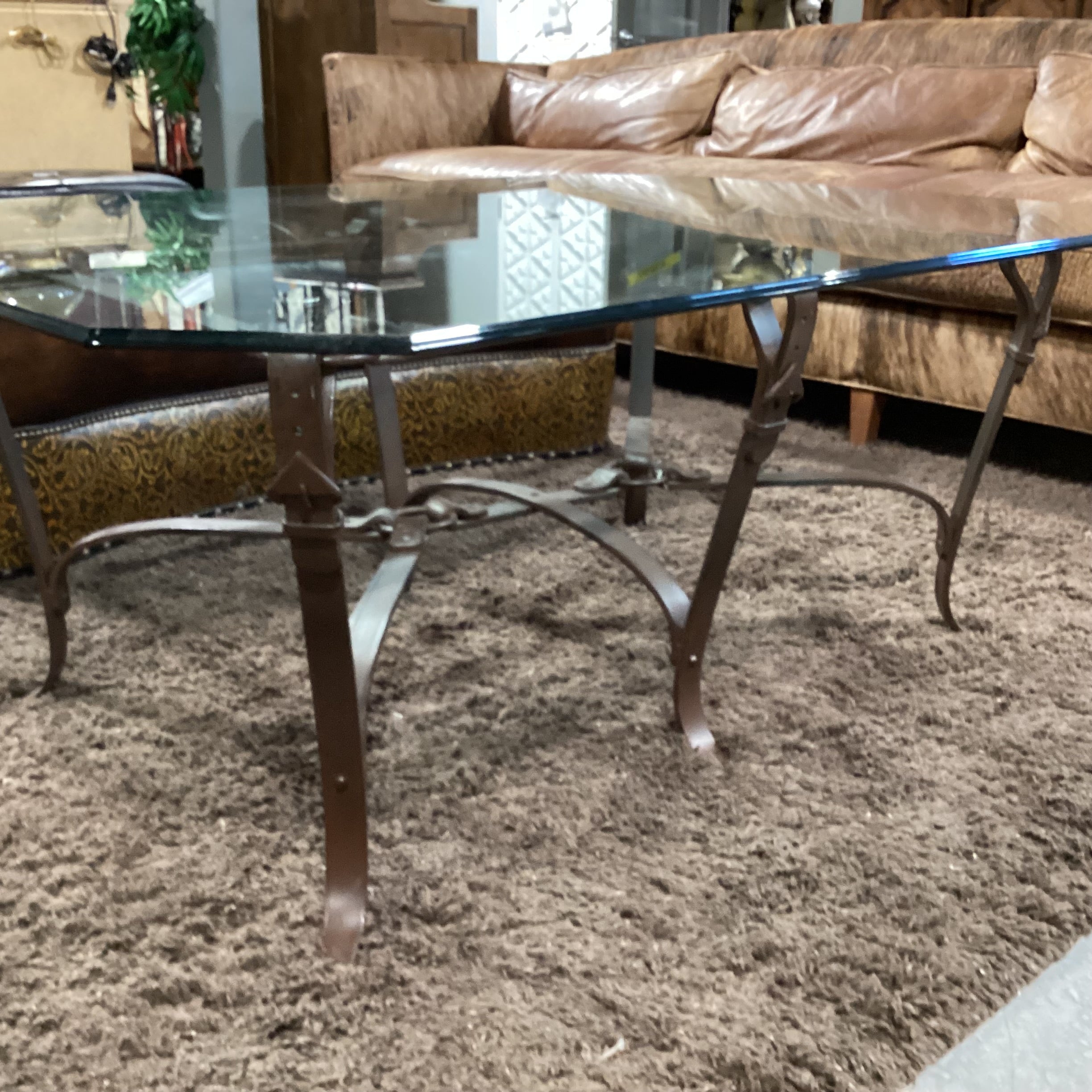 Metal Leather Belt Look & Glass Coffee Table 58"x 42"x 23"