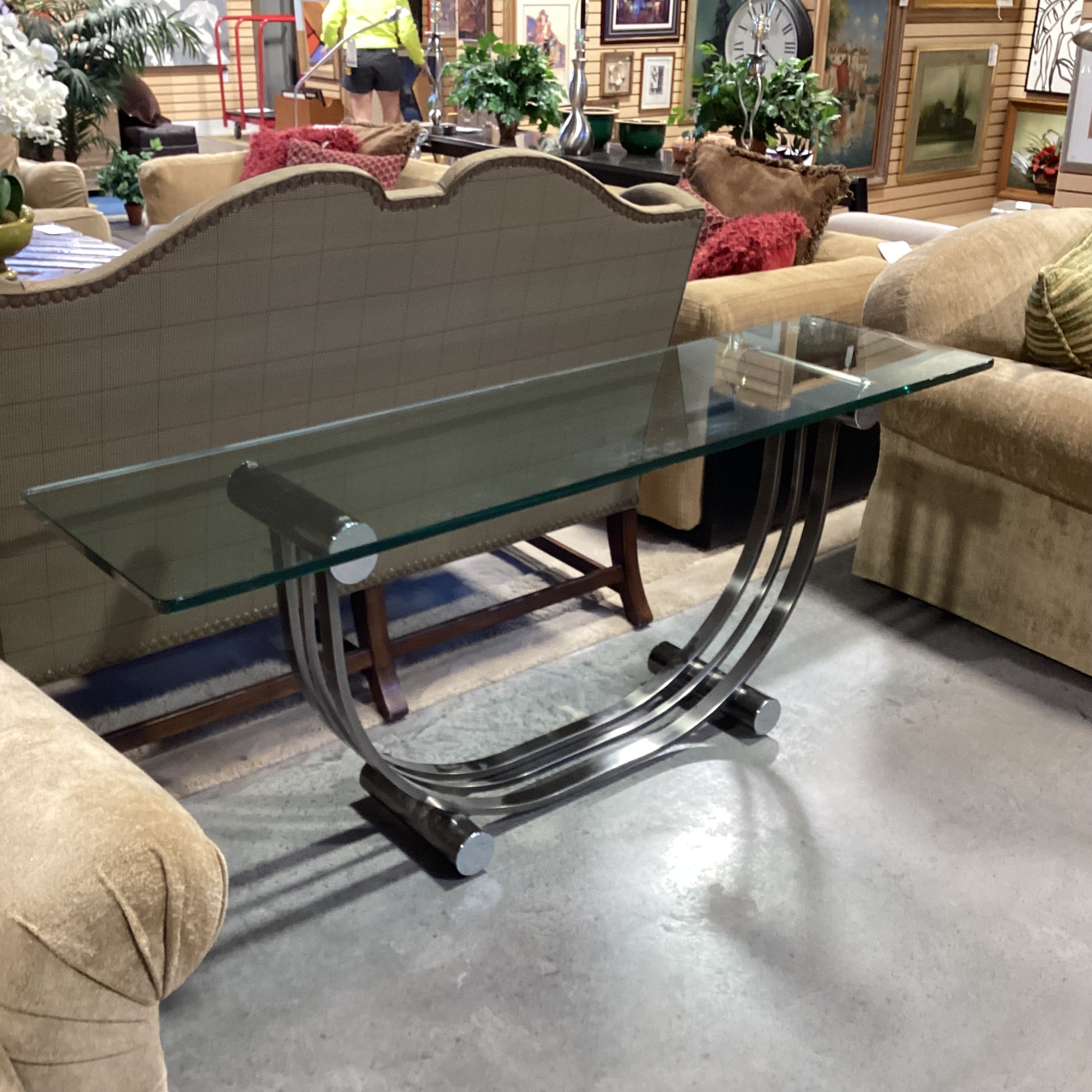 Arched Stainless with Glass Top Sofa Table 68"x 18"x 27.5"