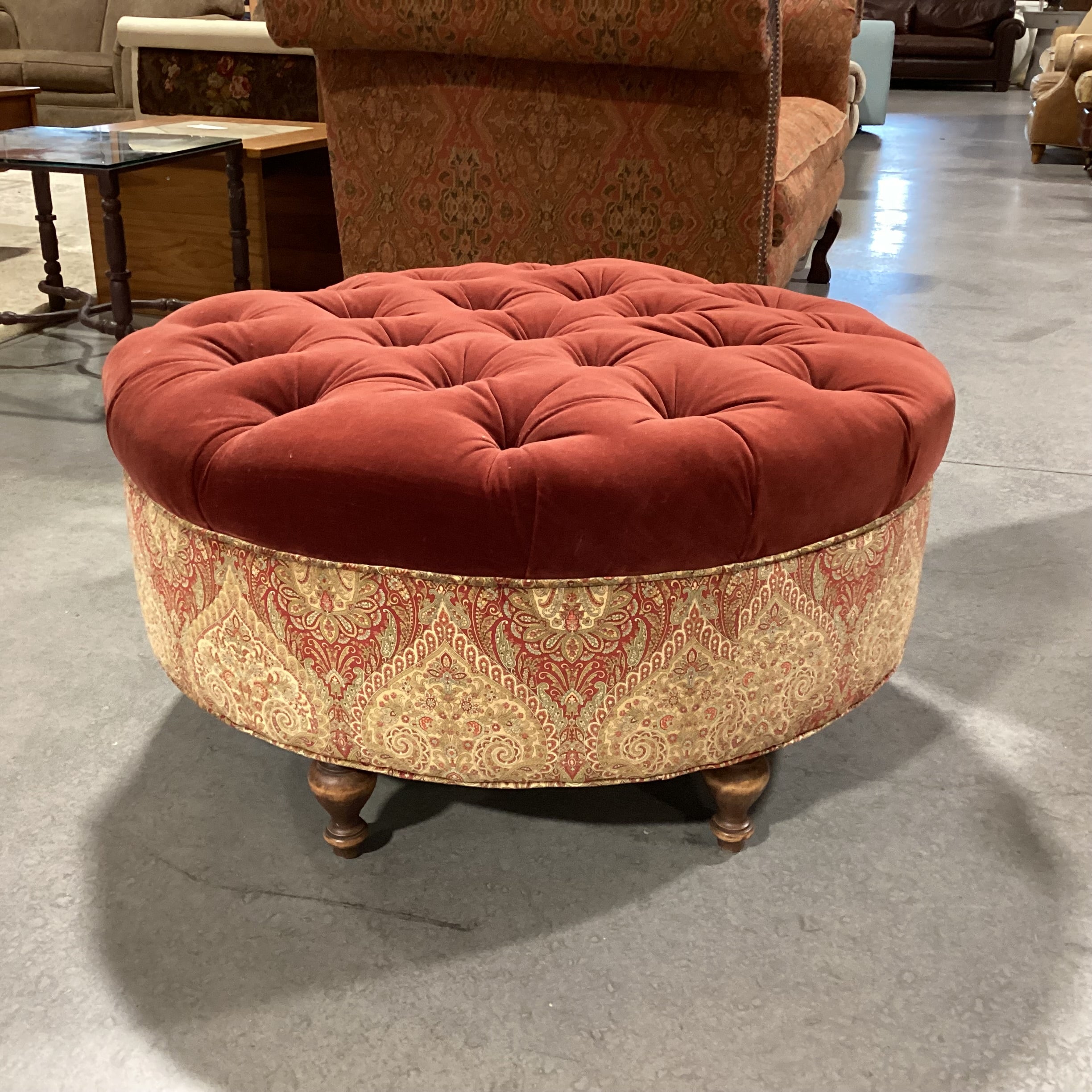 Custom Red Velvet Tufted & Upholstered Round Ottoman 38" Diameter x 19"