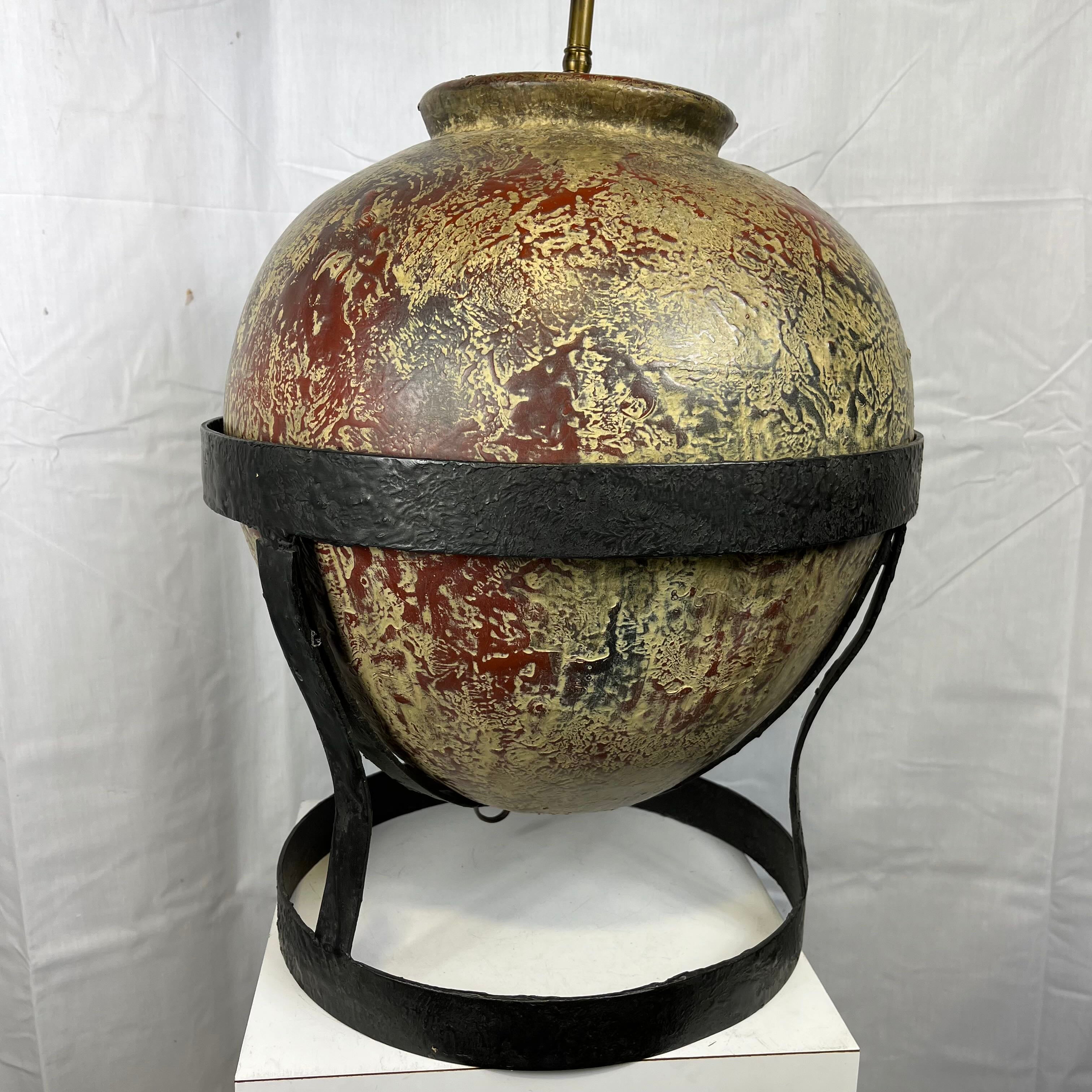 15" Diameter x 29" Beige Black & Red Ceramic Round on Iron Stand 2 Light Table Lamp