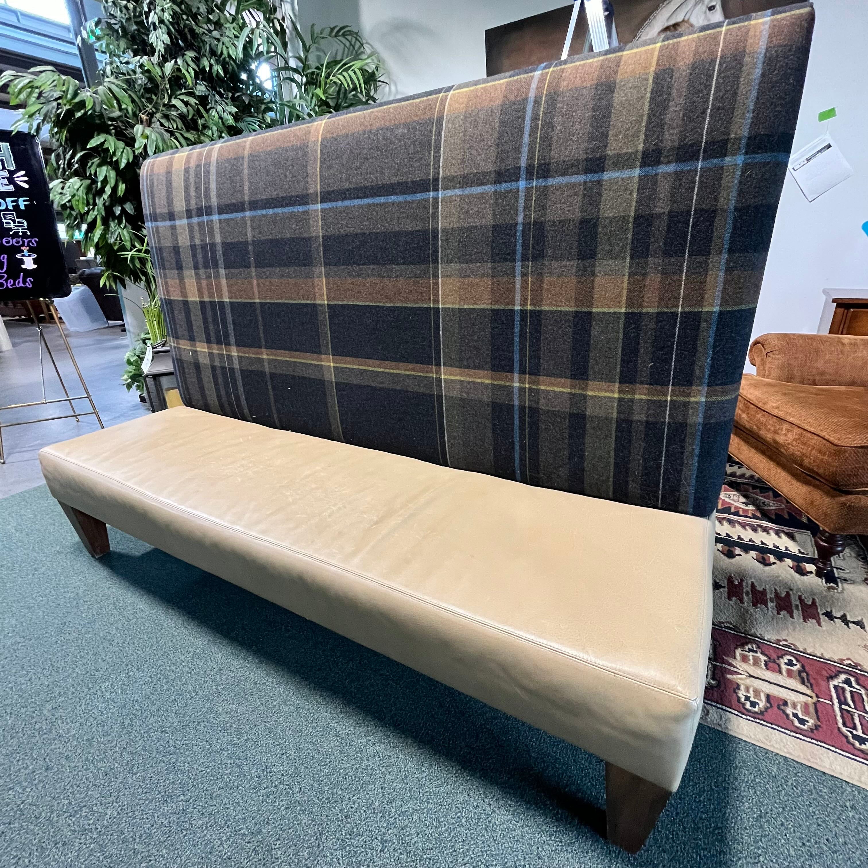 79"x 28"x 55" Leather and Wool Plaid High Back Bench