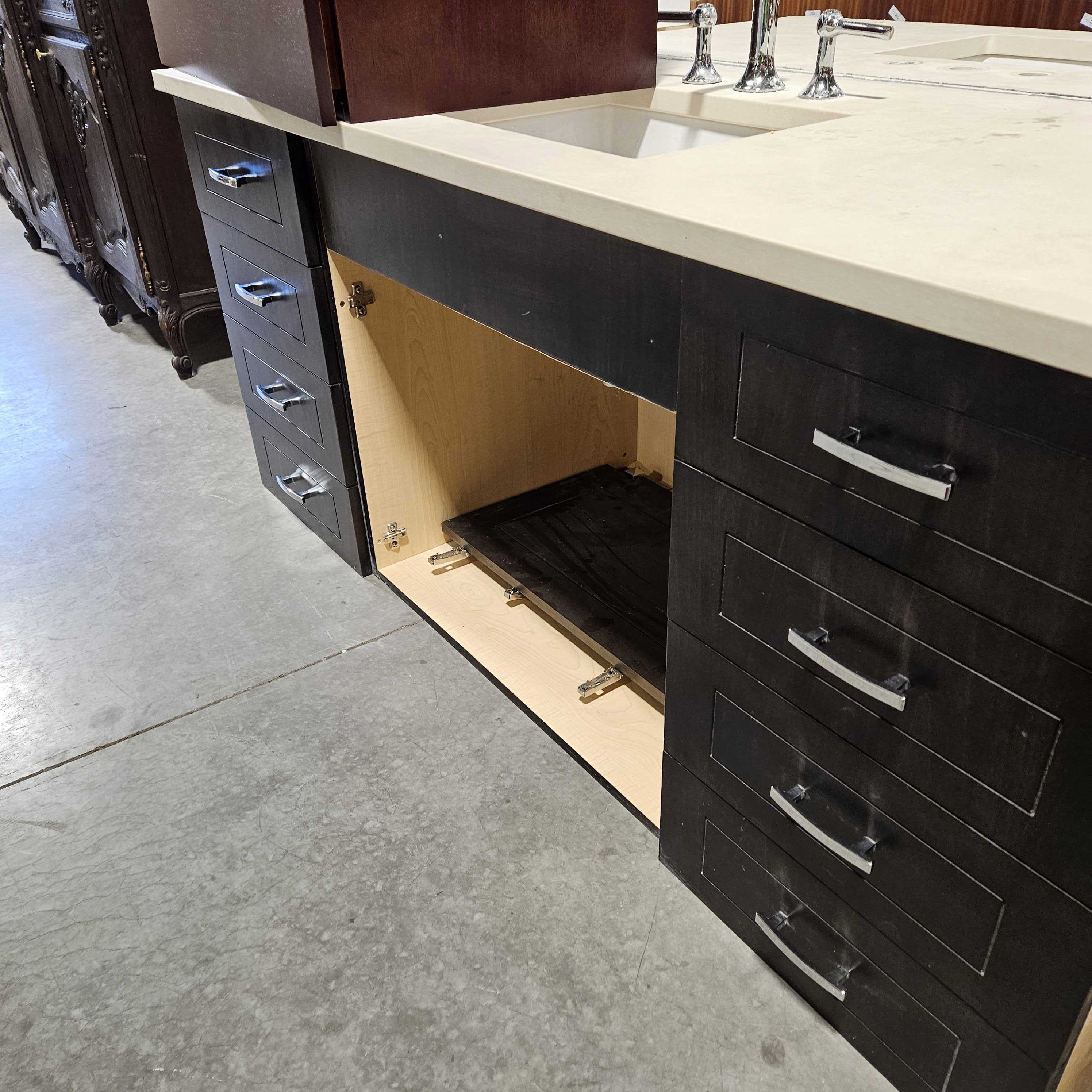 68"x 25"x 30" Black Stained Chrome Hardware 8 Drawer Travertine Look Cultured Stone Top Undermount Sink faucet Vanity
