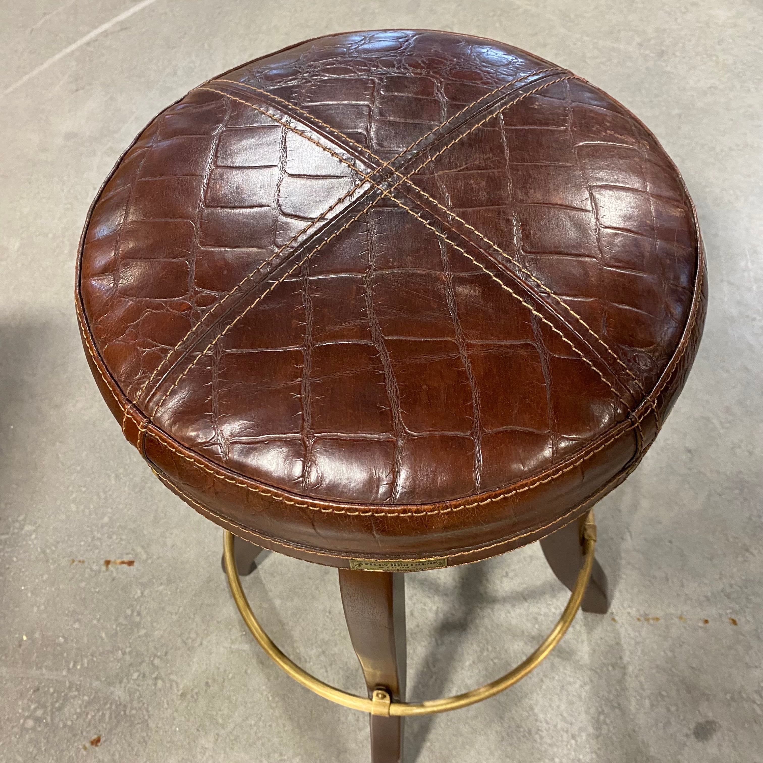 Stiles Brothers Vintage Mahogany Brass Accent Crocodile Embossed Leather Counter Height Bar Stool