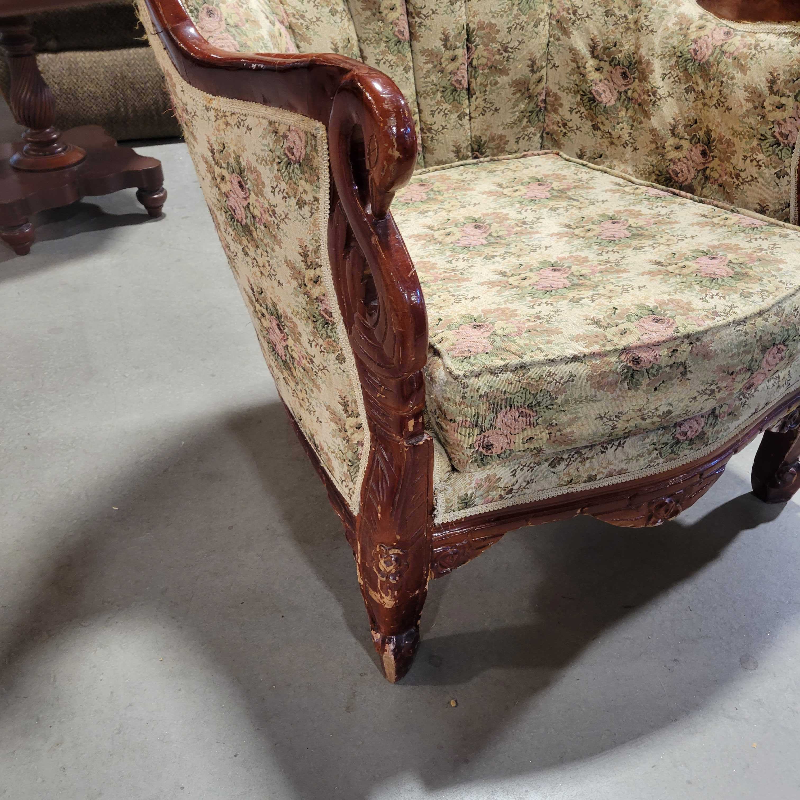 Antique Carved Wood with Swans Floral Upholstered Wing Chair