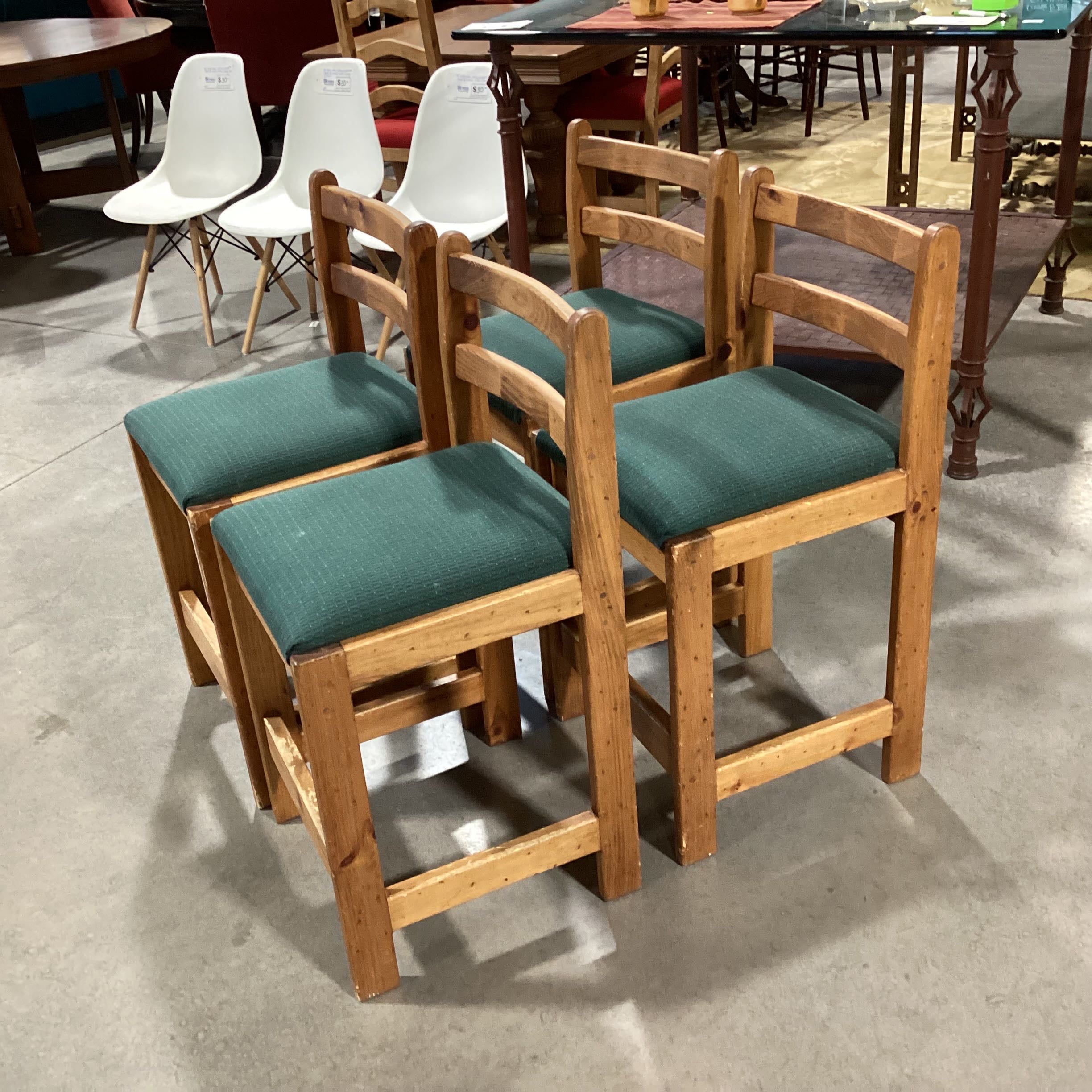 Set of 4 Distressed Pine & Forest Green Seat Barstools