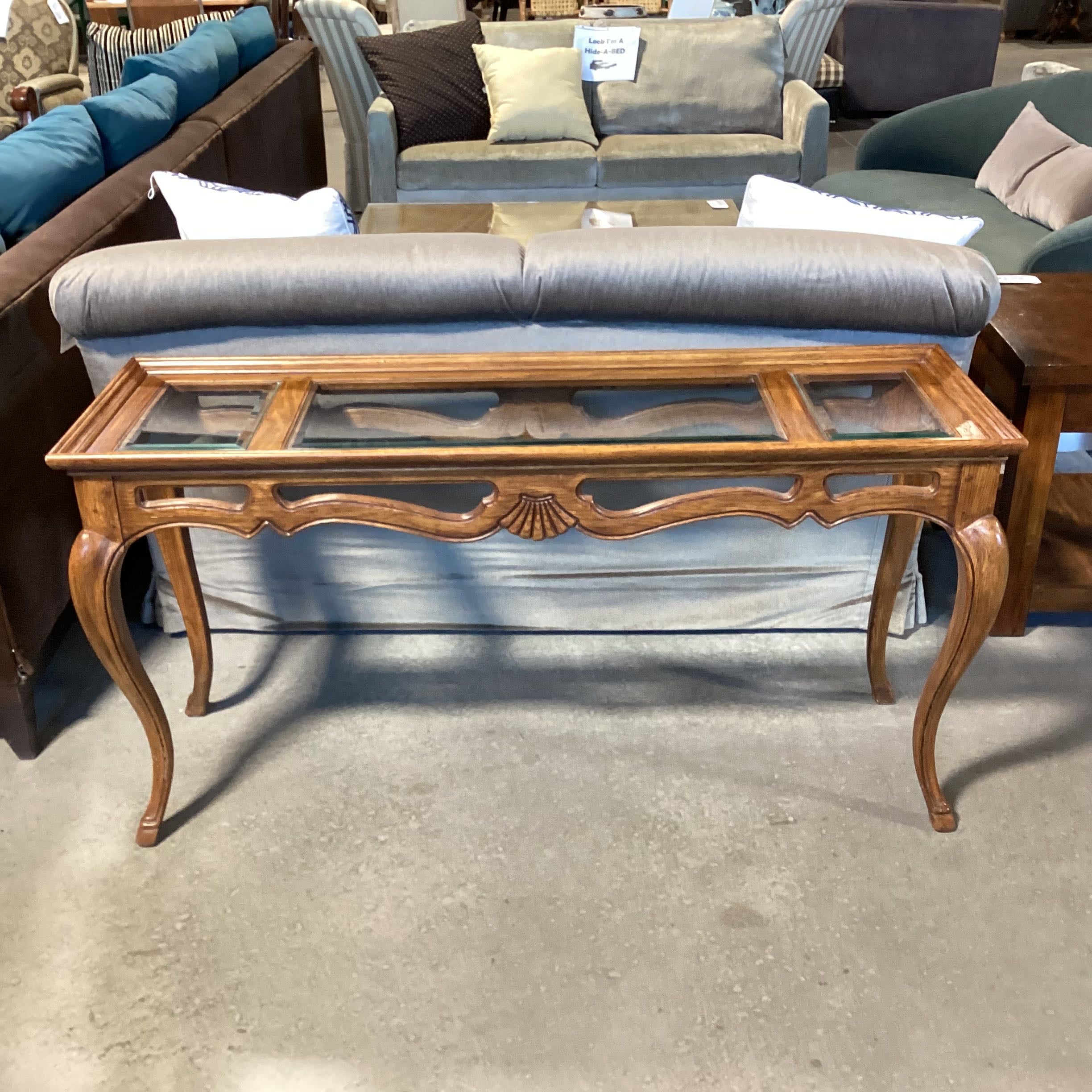 Carved Wood Glass Inset Top Sofa Table