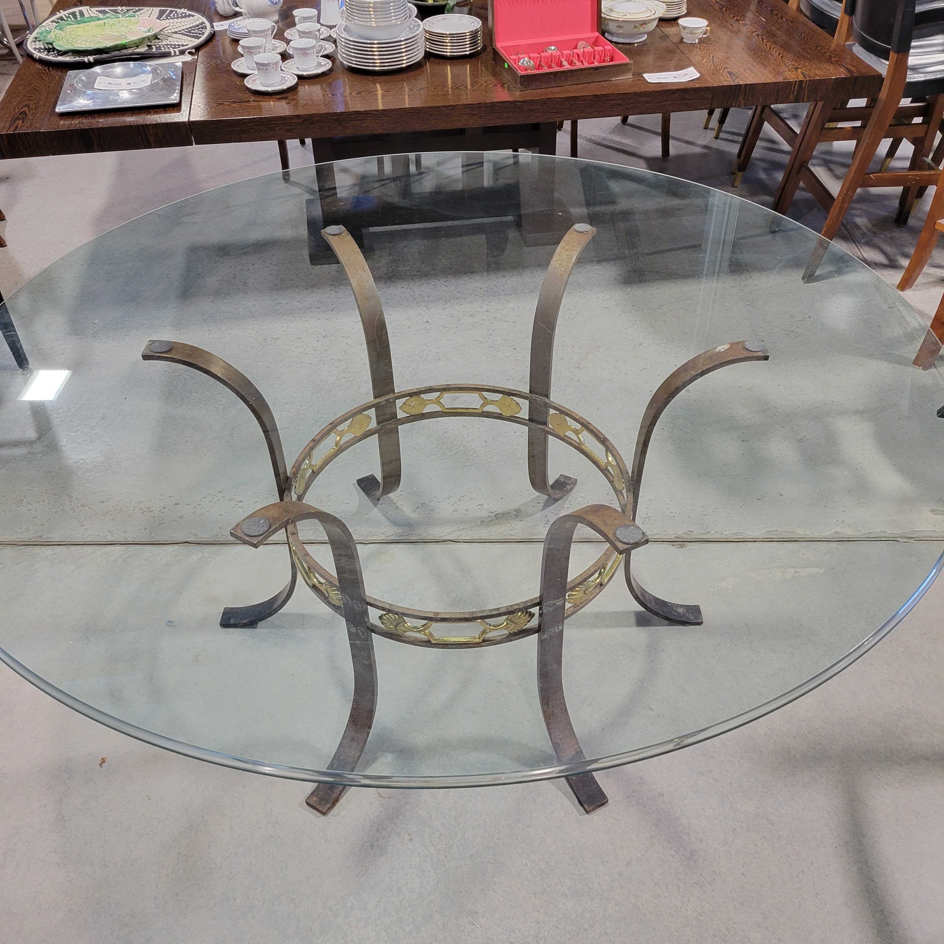 Heavy Iron & Brass Ornate Detail Round Glass Top Dining Table
