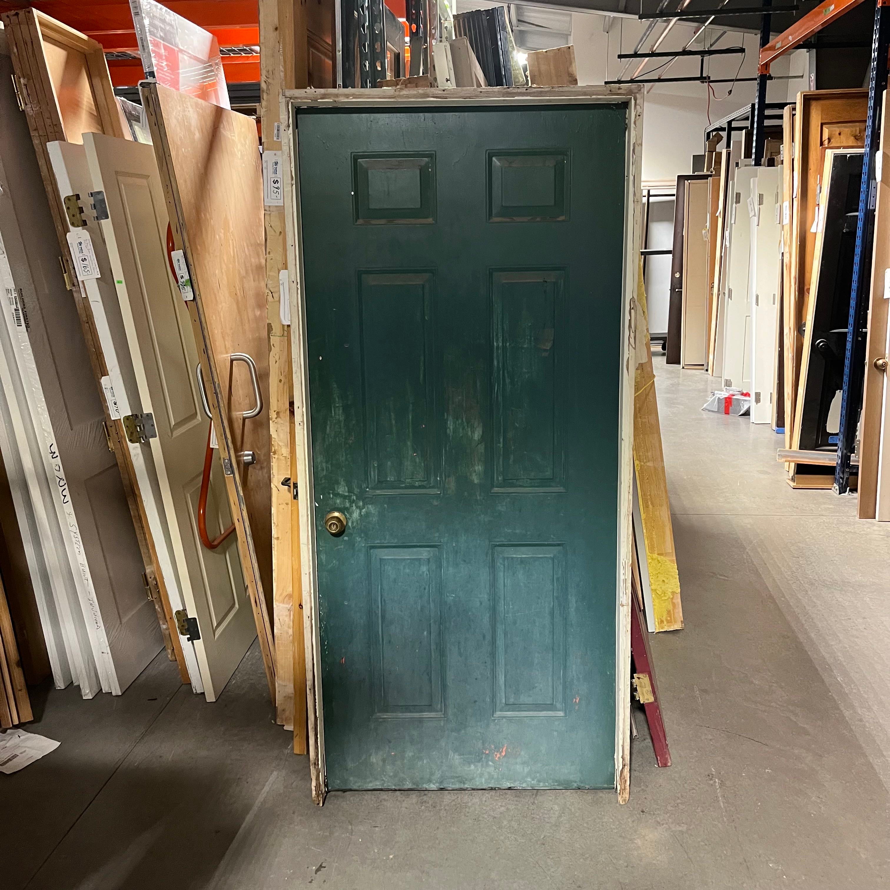 35.5"x 79"x 1.75" 6 Panel Painted Green Grey Metal with Jamb Exterior Door