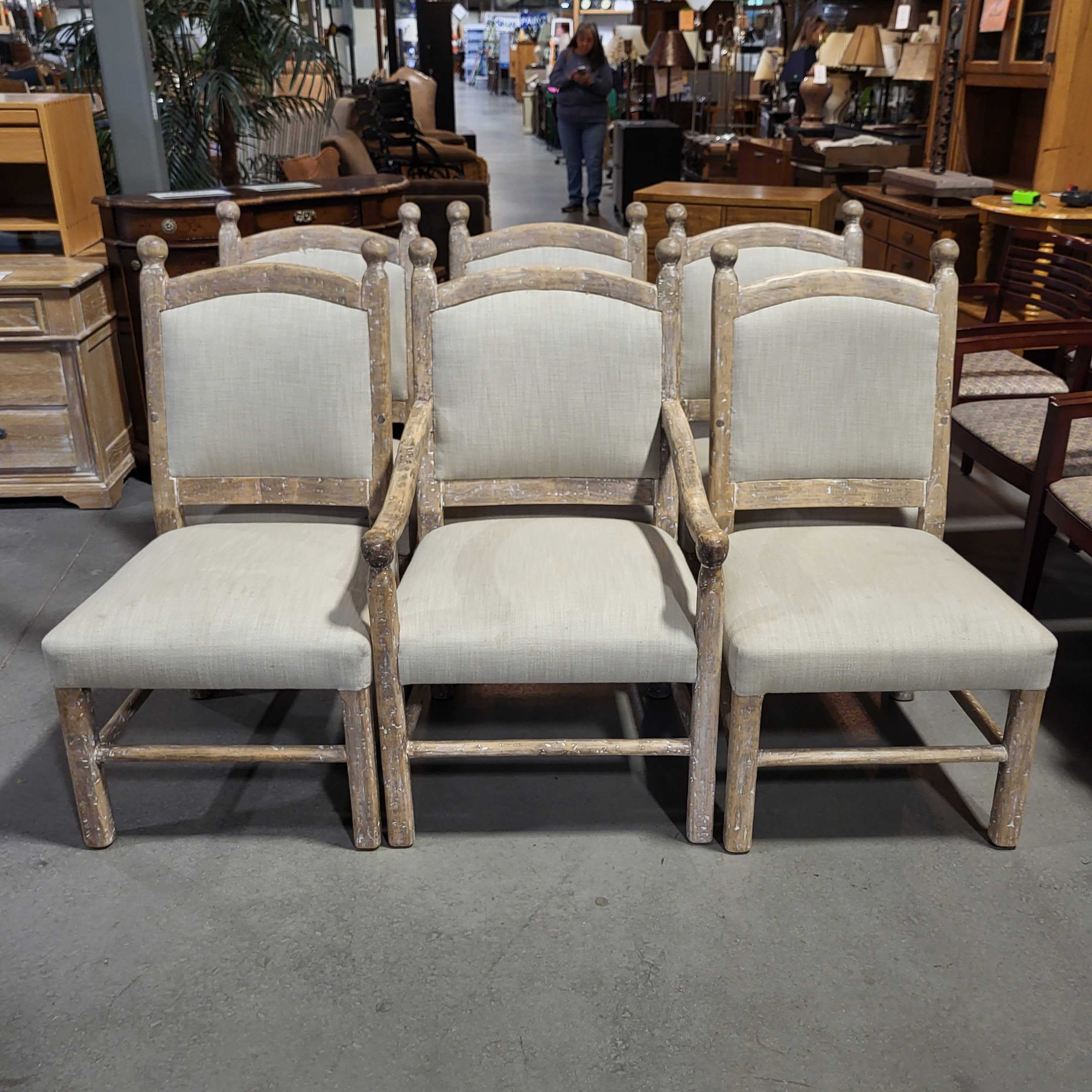 Set of 6 White Washed Wood and Linen Dining Chairs