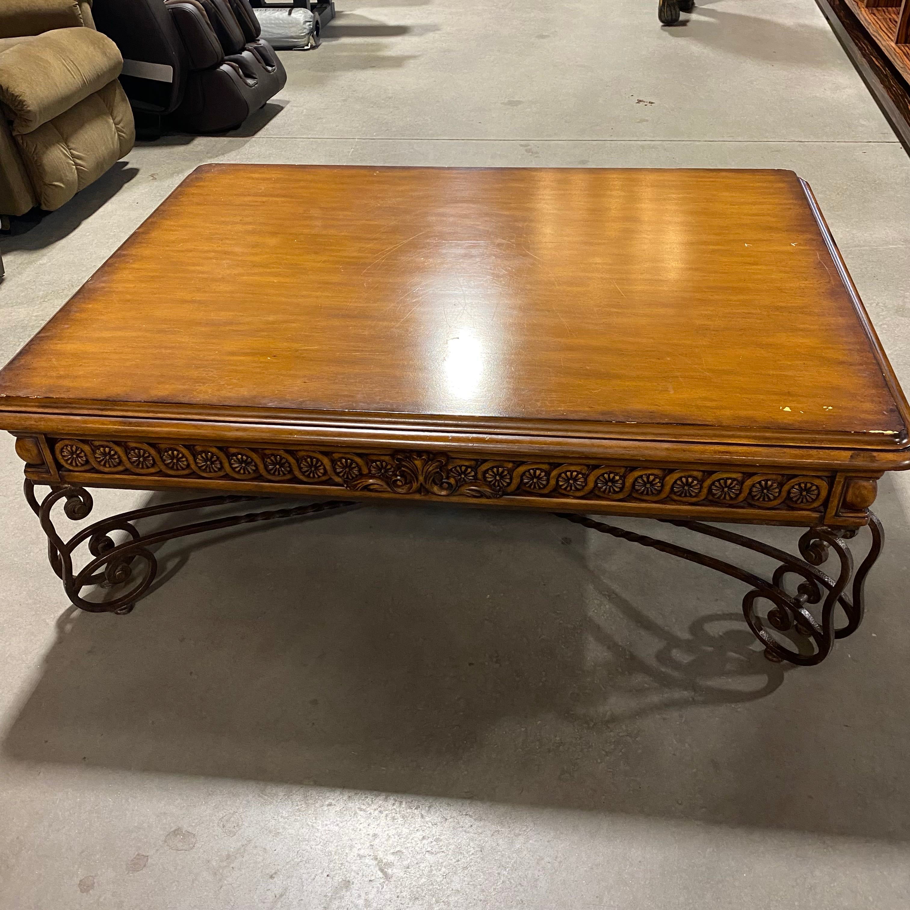 Cast Iron Base Solid Wood Carved Large Coffee Table