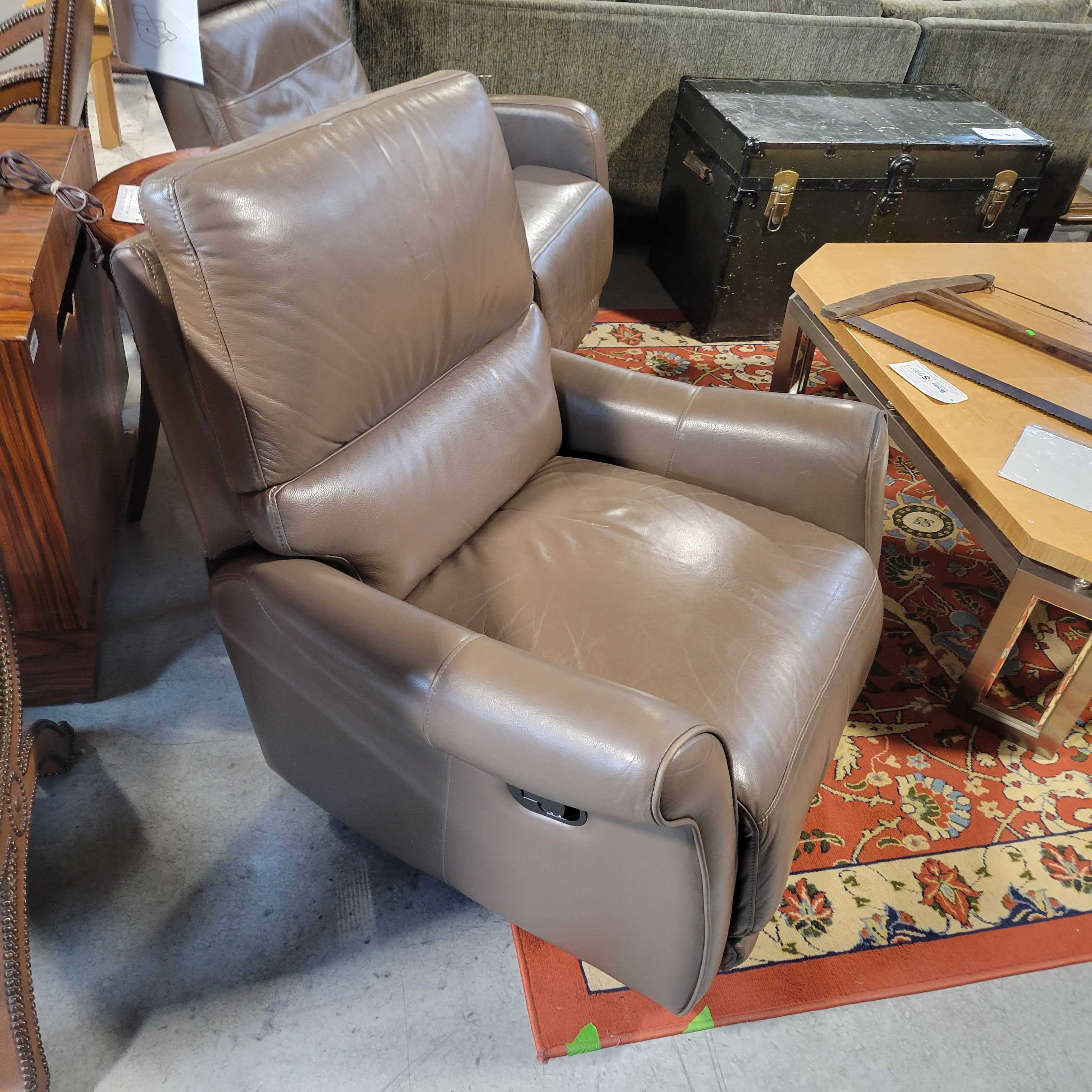Bassett Furniture Taupe Leather Swivel Rock Recliner Chair