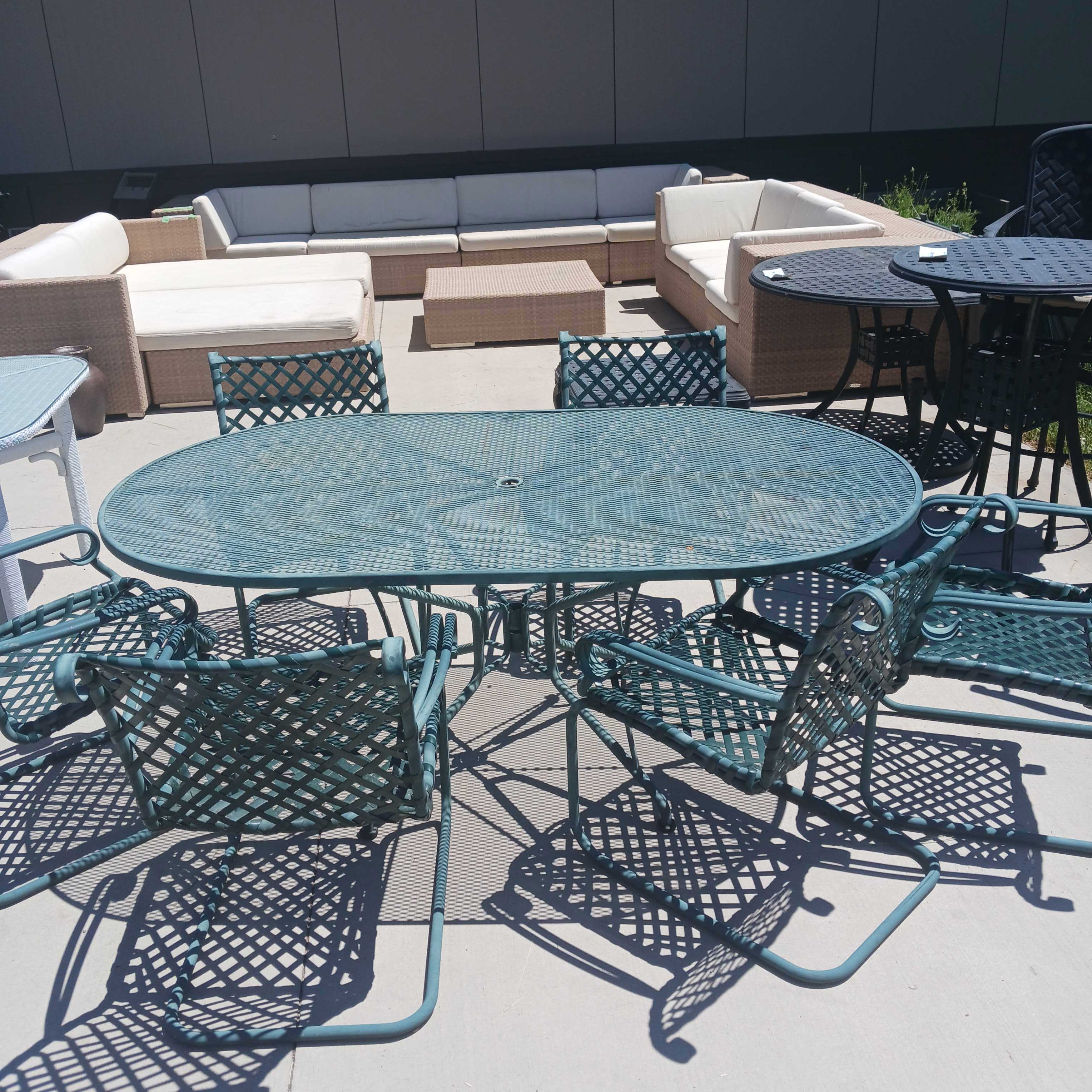 SET OF 7 Green Lattice Patio Table with Plastic Strap Chairs