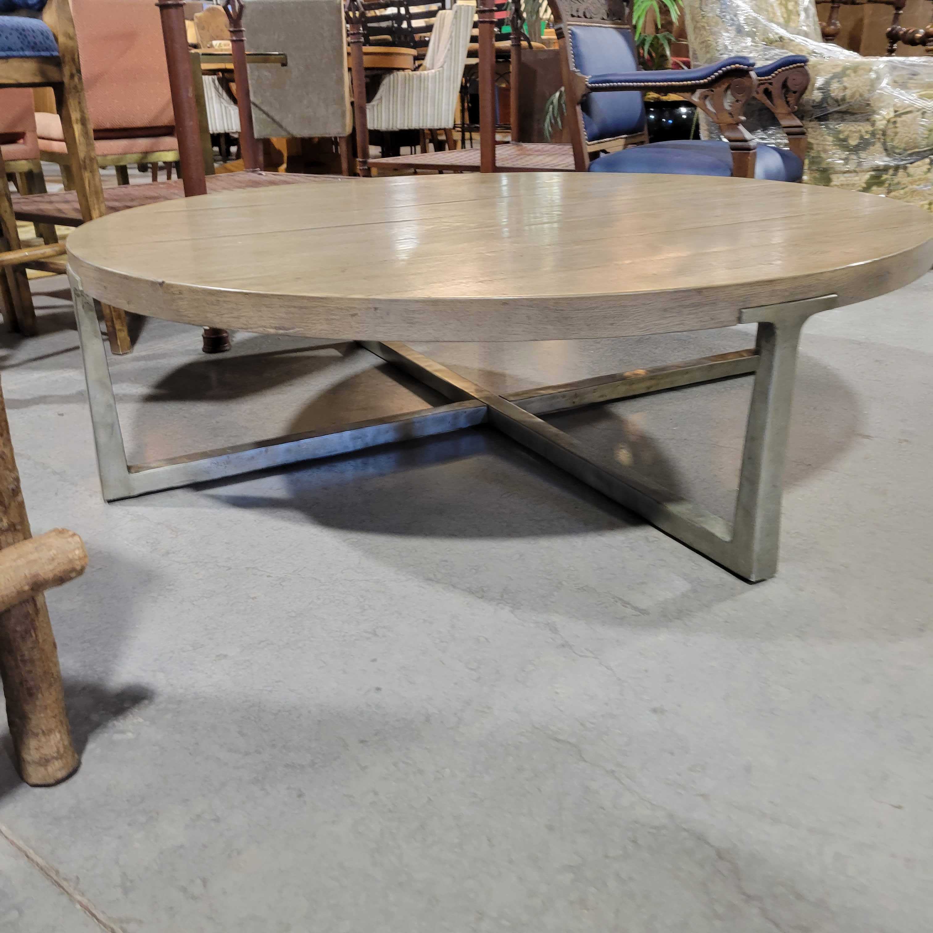 RH T - Brace Pewter and Waxed Grey Oak Round Coffee Table