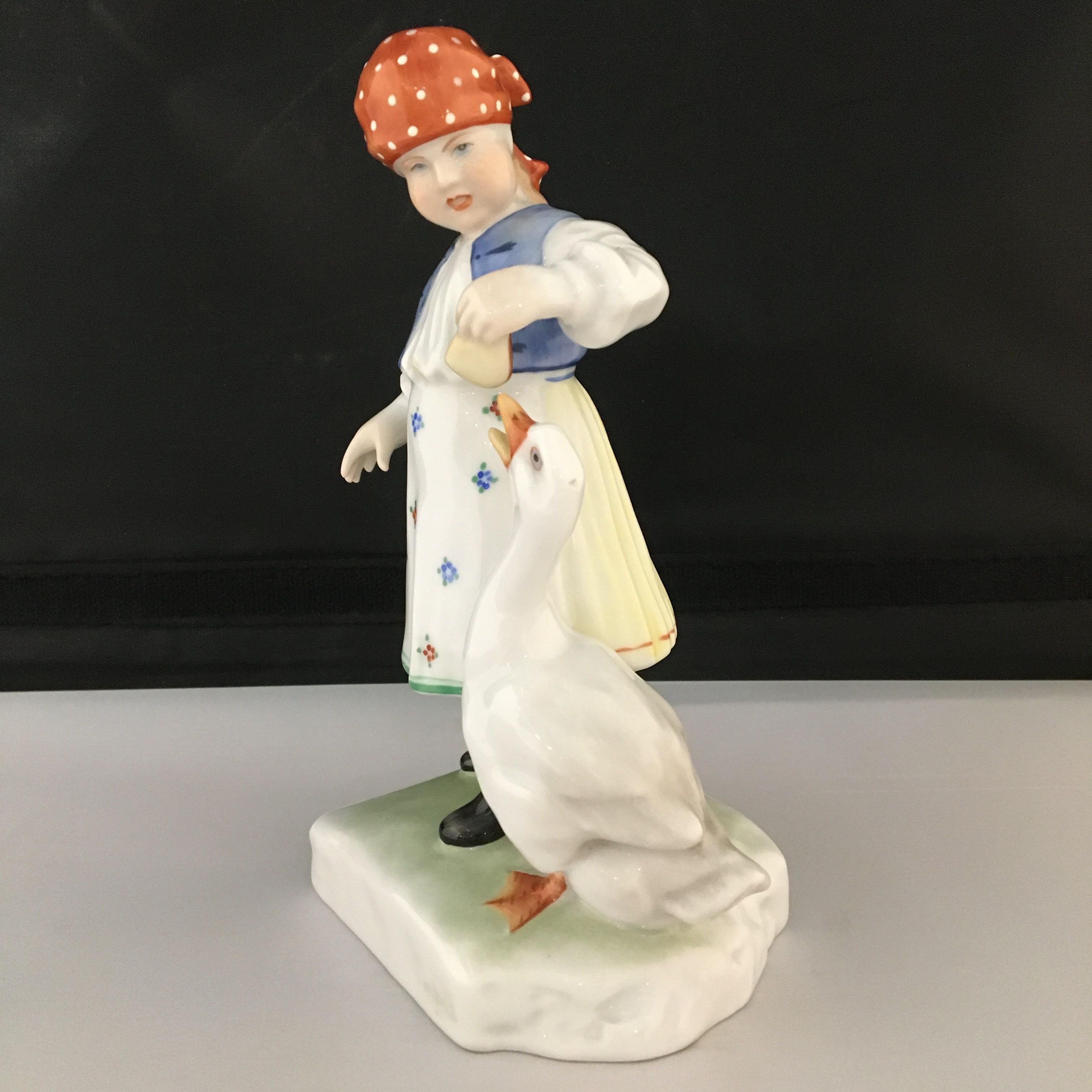 Antique Herend Porcelain Handpainted Girl with Goose Wall Art
