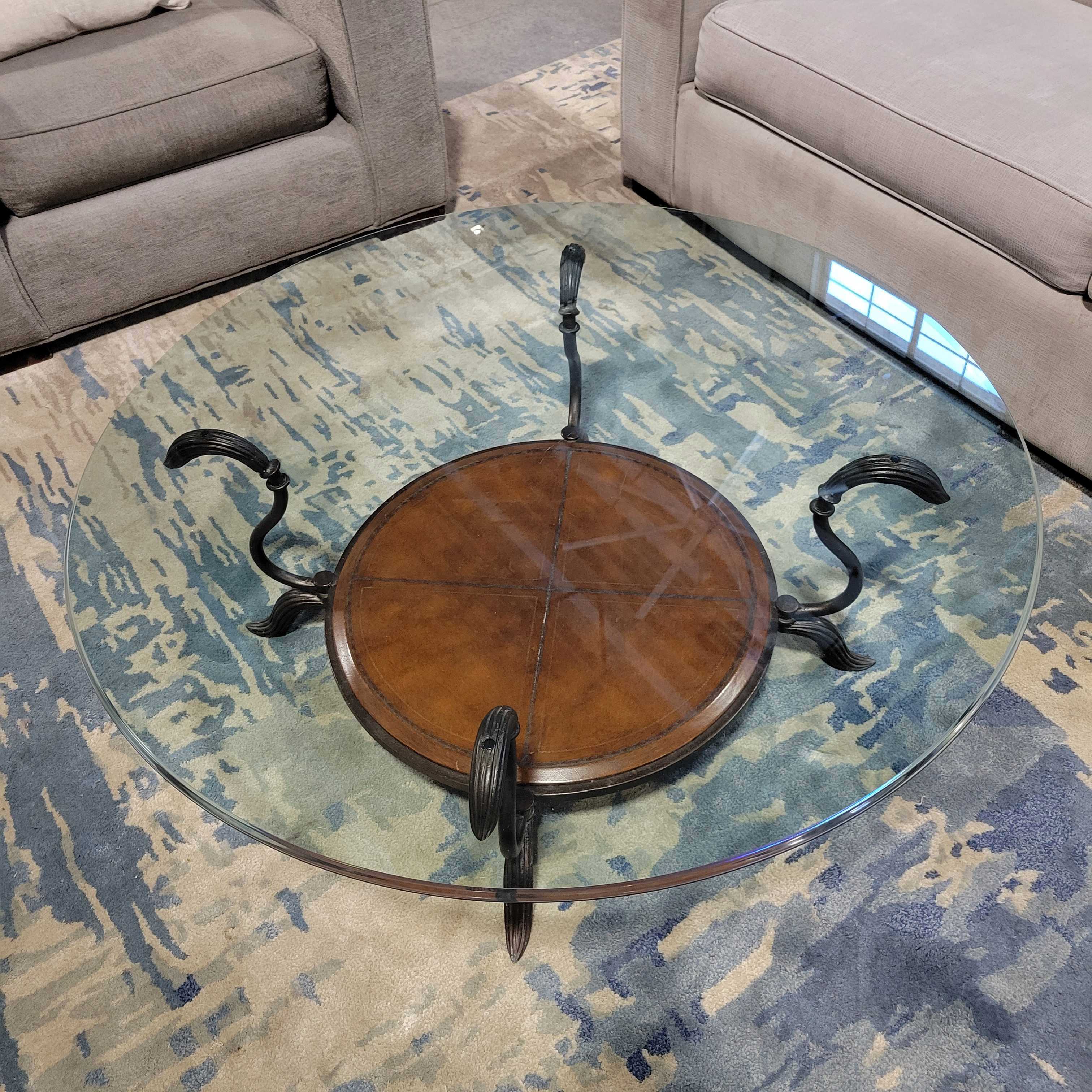Round Glass Leather & Bronze Finish Metal Coffee Table
