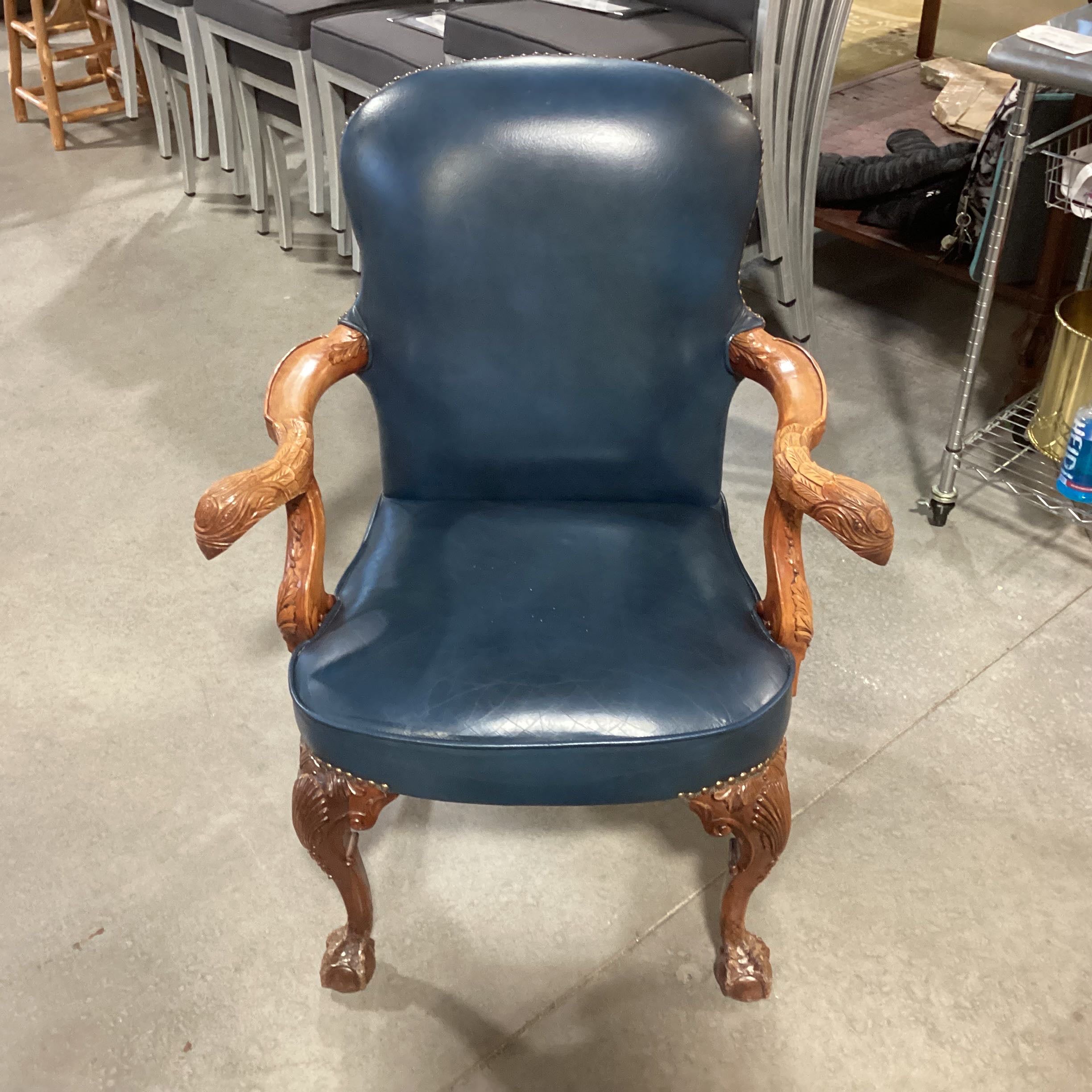 Vintage Wooden Goose Carved Blue Leather Nailhead Accent Arm Chair