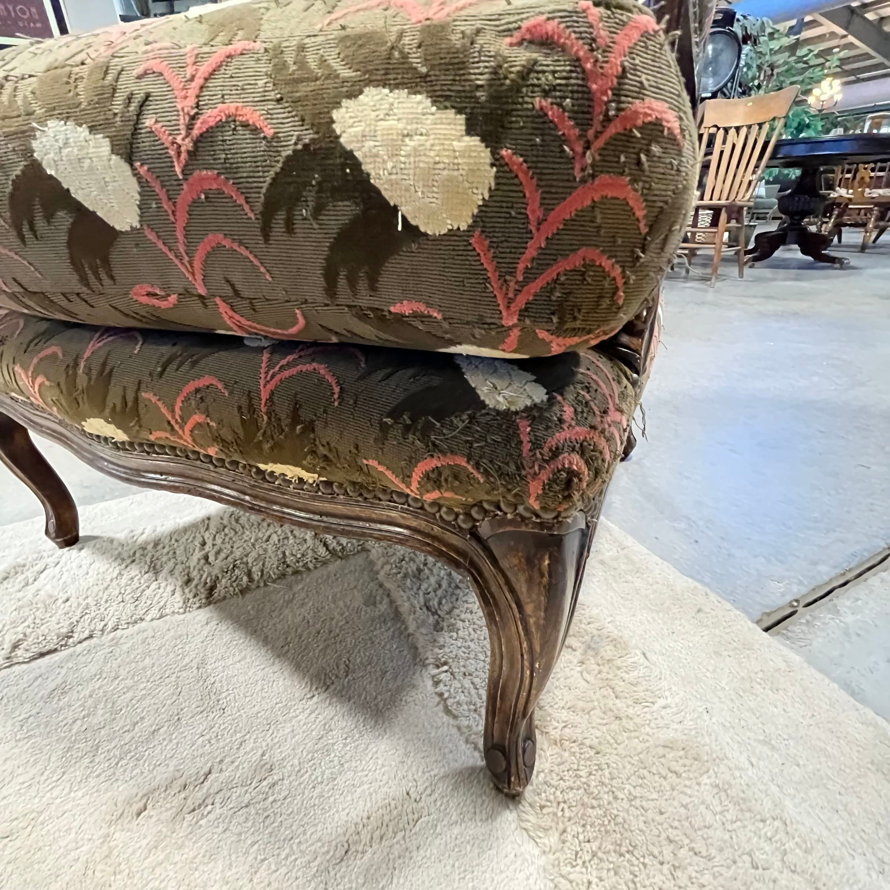 Carved Wood Brown Cream Coral Floral Nailhead with Ottoman Chair