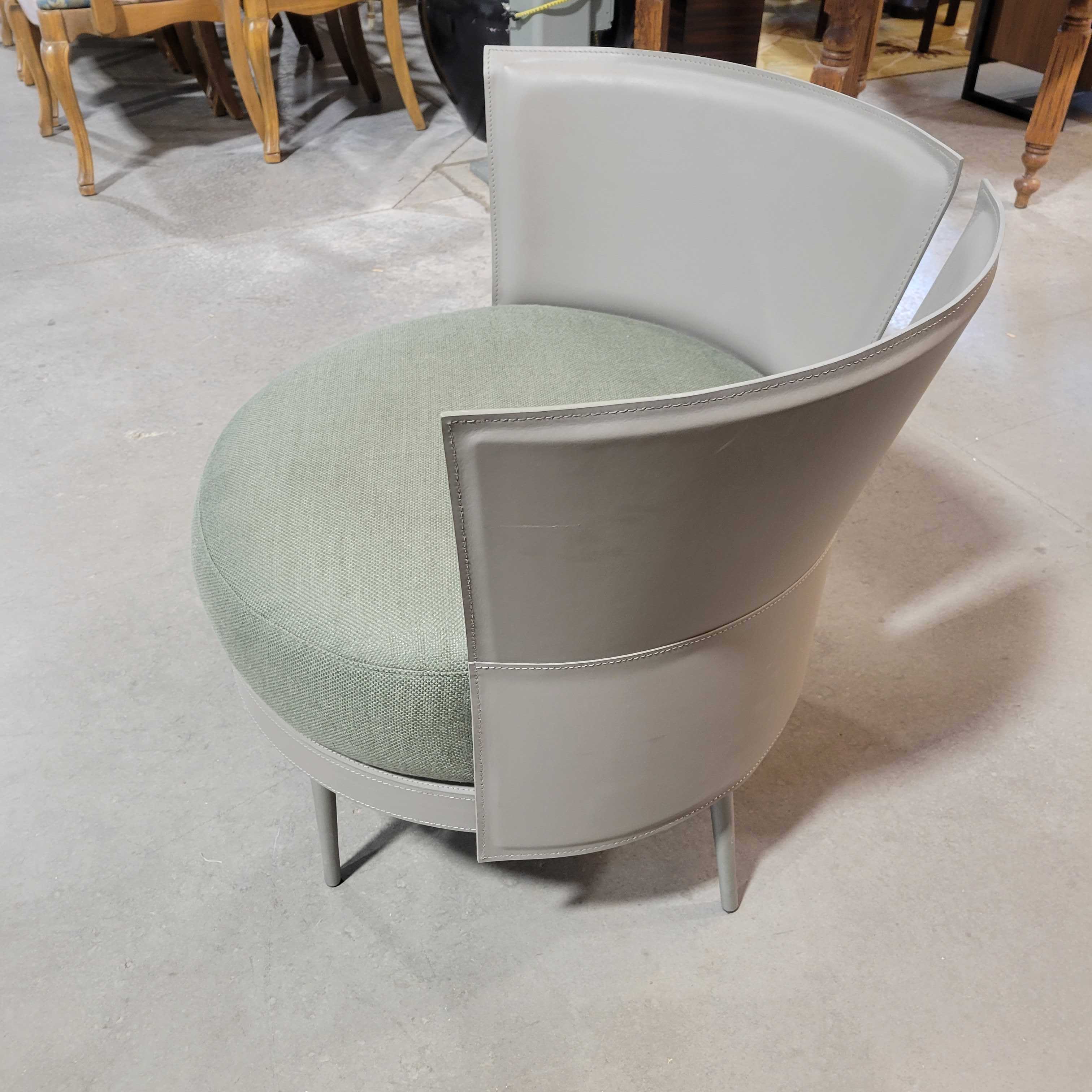 30"x 27"x 27" Custom Modern Grey Leather & Green Linen Barrel Style Swivel Chair