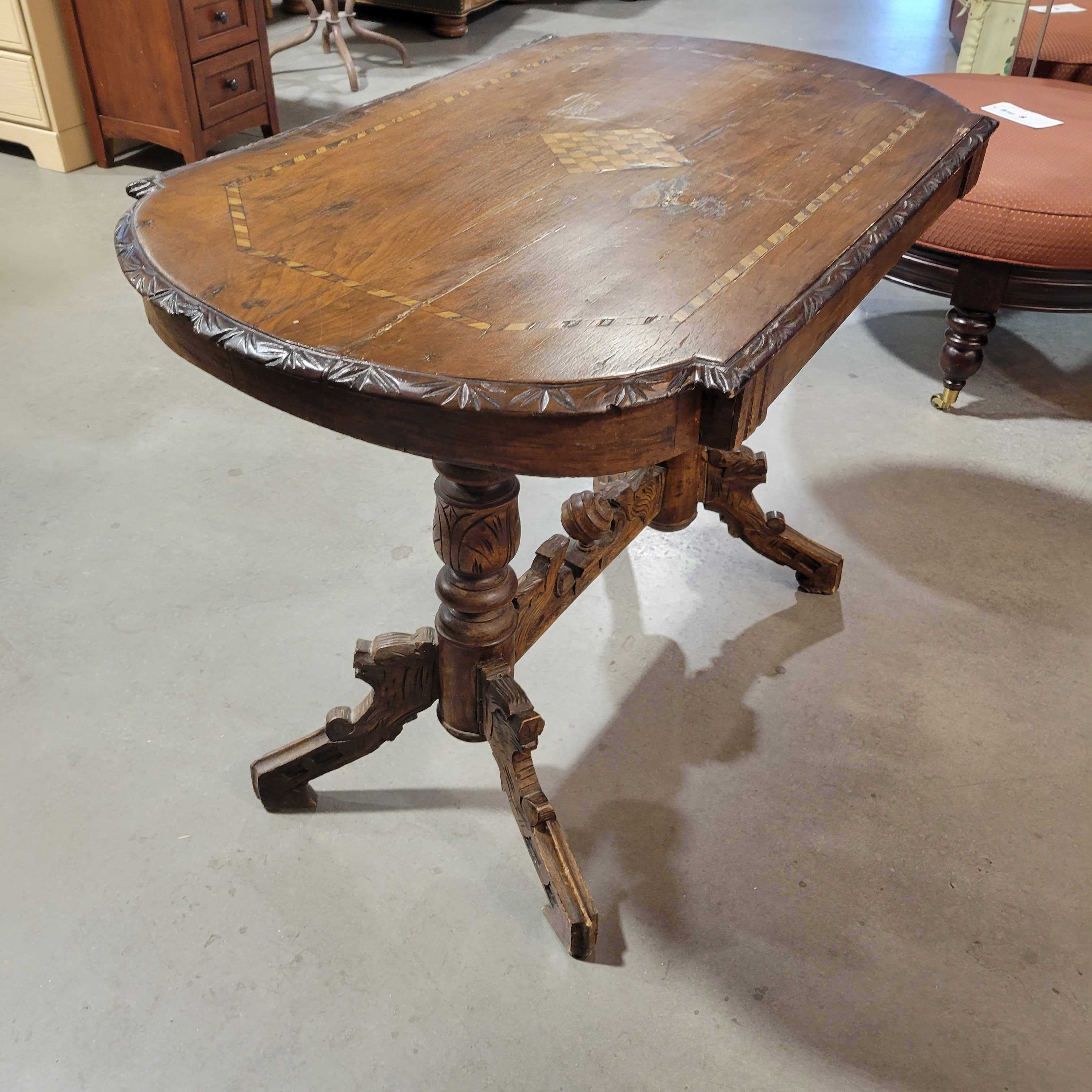 Antique Inlay & Carved Wood Detail Trestle Accent Table