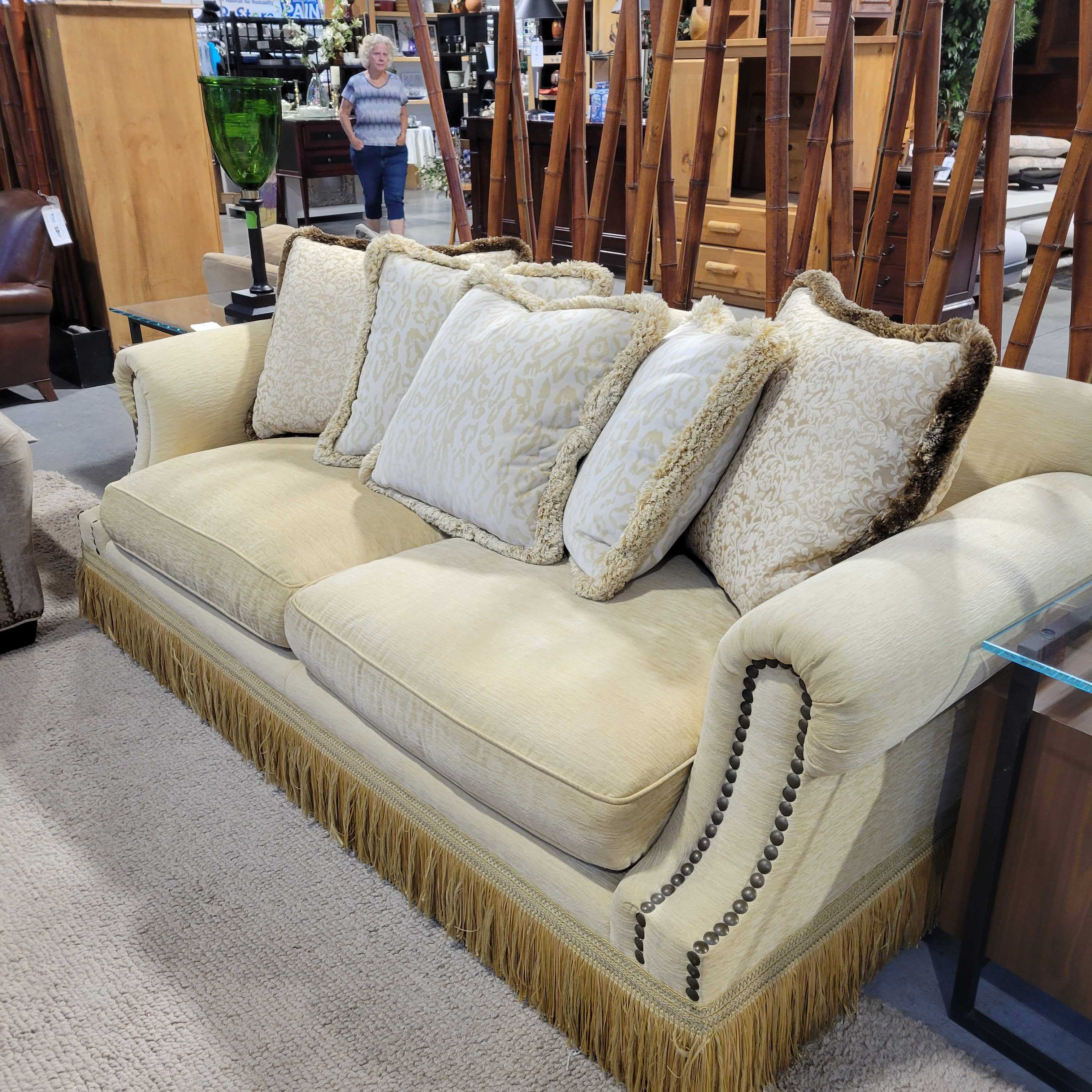 Custom Wheat Woven Nailhead and Fringe Down Sofa with 5 Back Accent Pillows