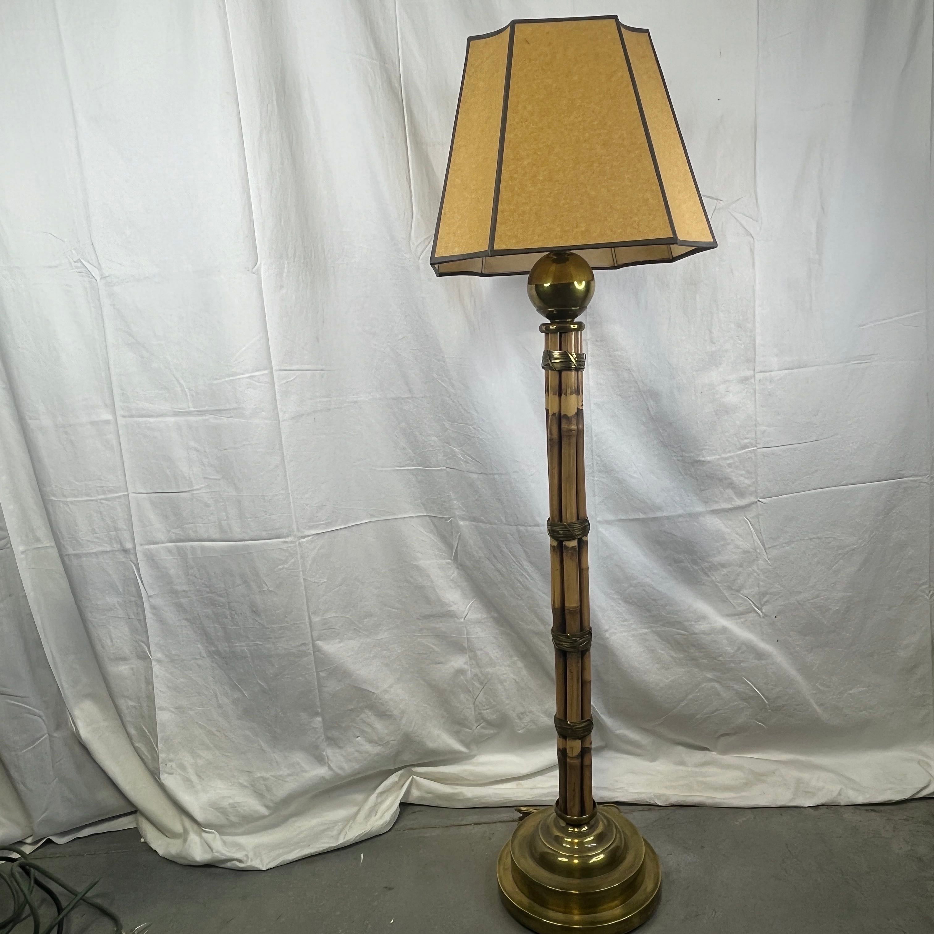 Vintage Bamboo Bundle Wrapped in Brass with Solid Brass Base 1930's Floor Lamp