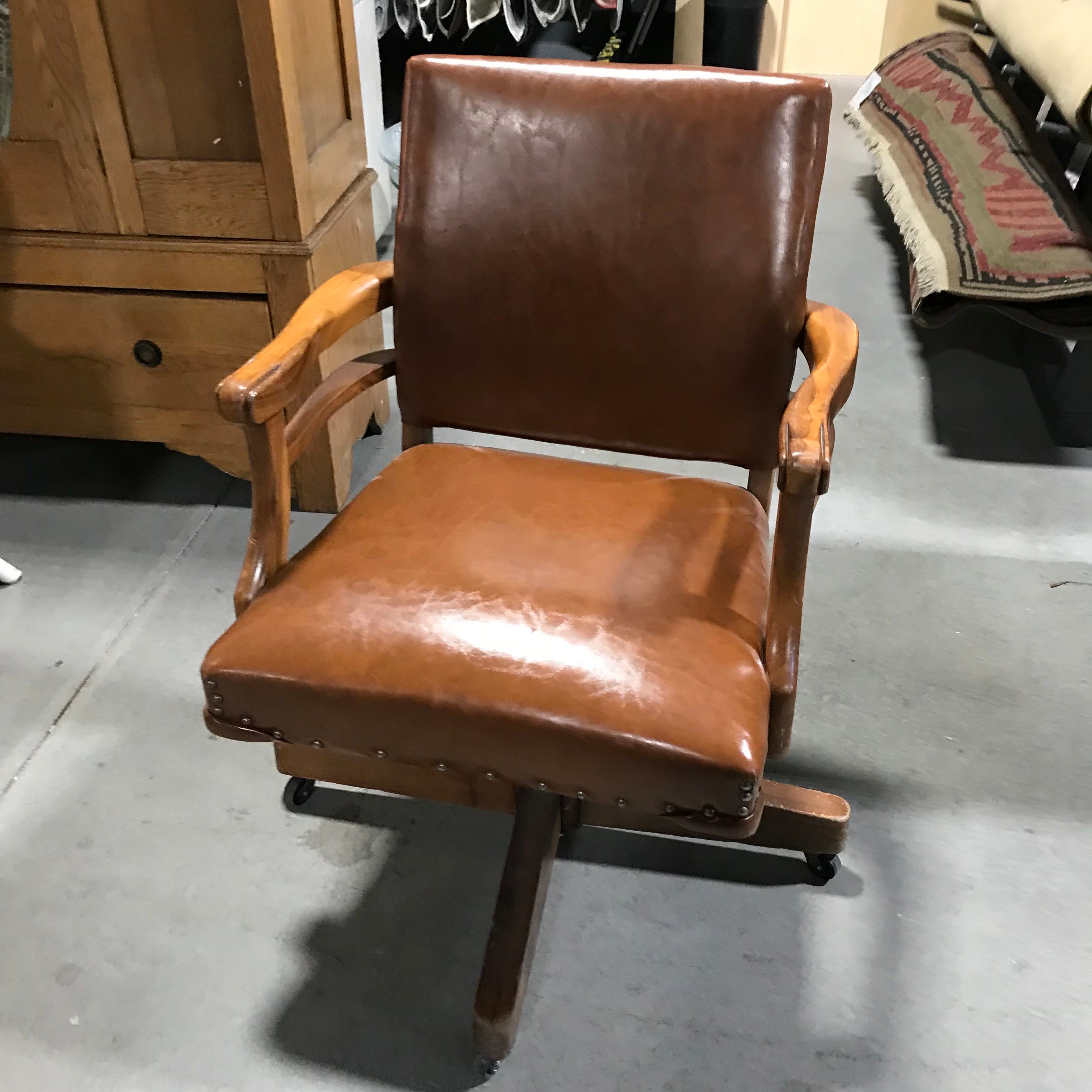 Robert James Mid Century Vintage Brown Leather Nailhead Accent Office Chair